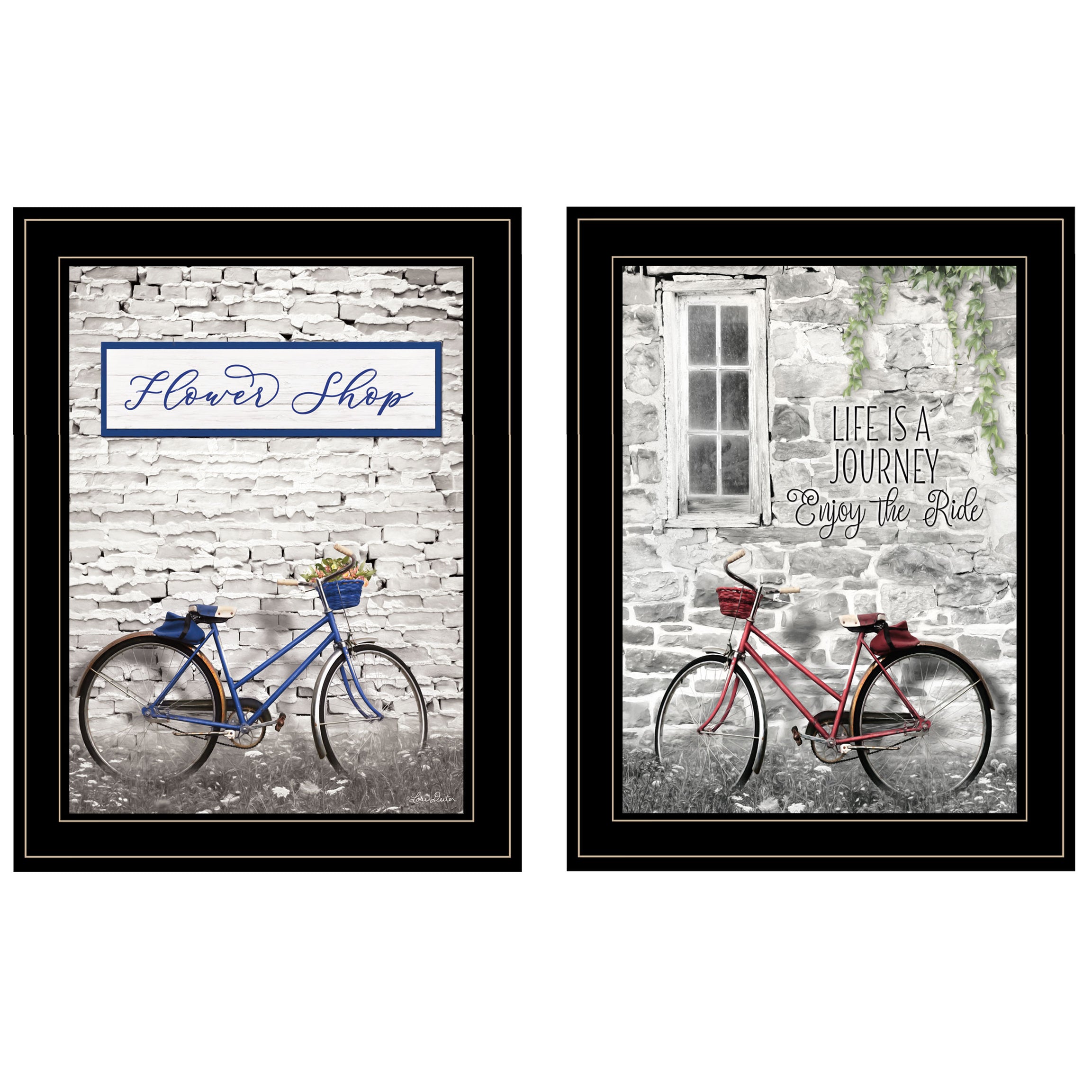 "Romantic Bicycles" 2-Piece Vignette by Lori Deiter, Black Frame--1