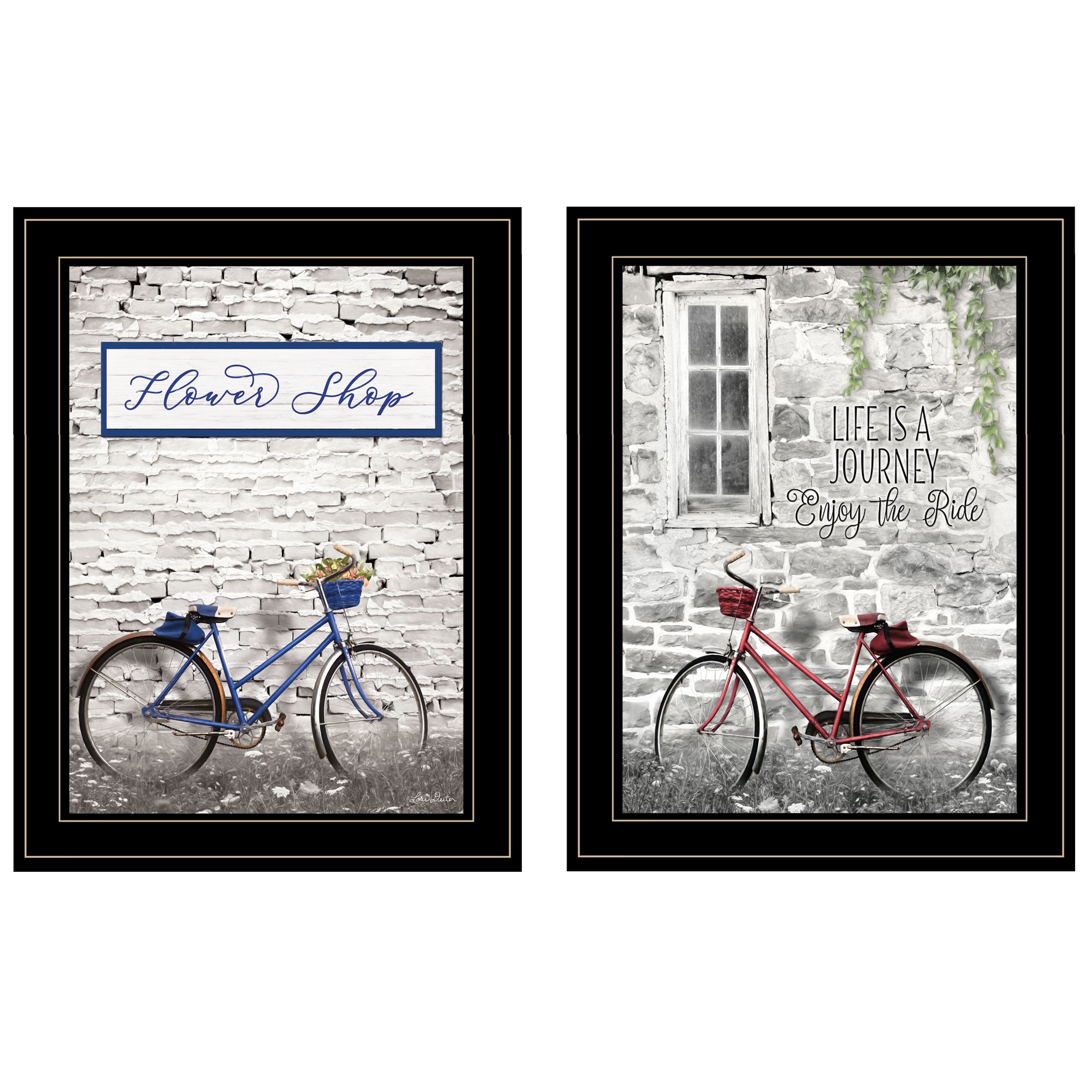 "Romantic Bicycles" 2-Piece Vignette by Lori Deiter, Black Frame--1