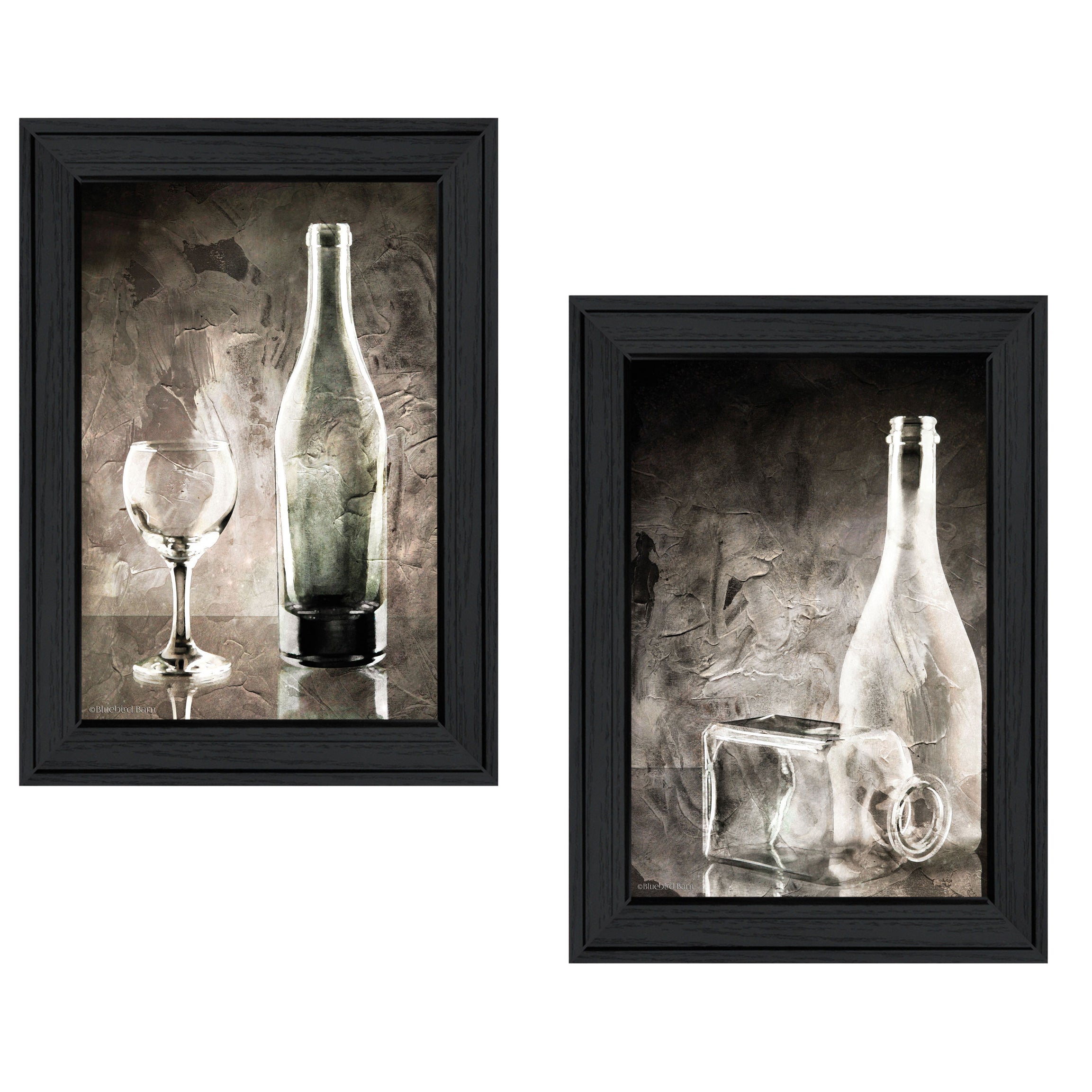 "Moody Gray Glassware Still Life" 2-Piece Vignette by Bluebird Barn, Black Frame--1