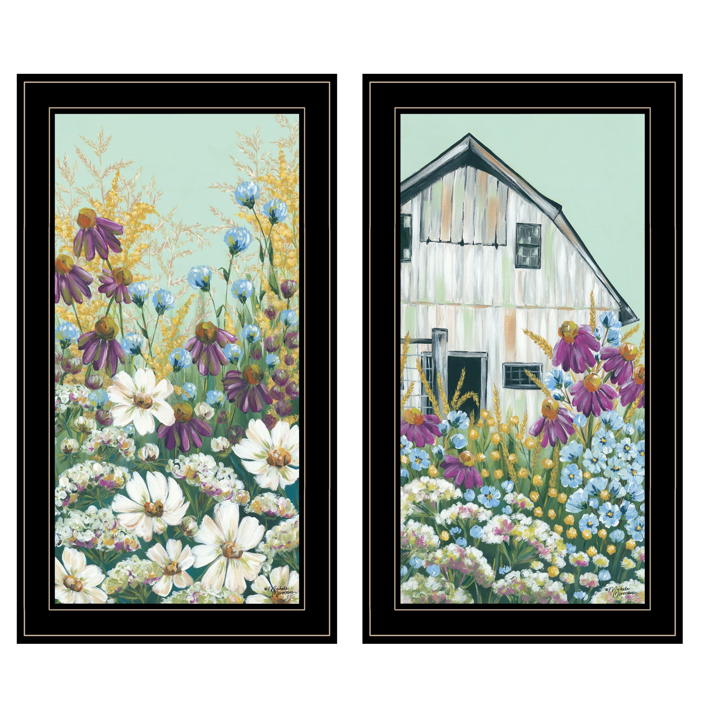 "Floral Field" 2-Piece Vignette by Michele Norman, Black Frame--1