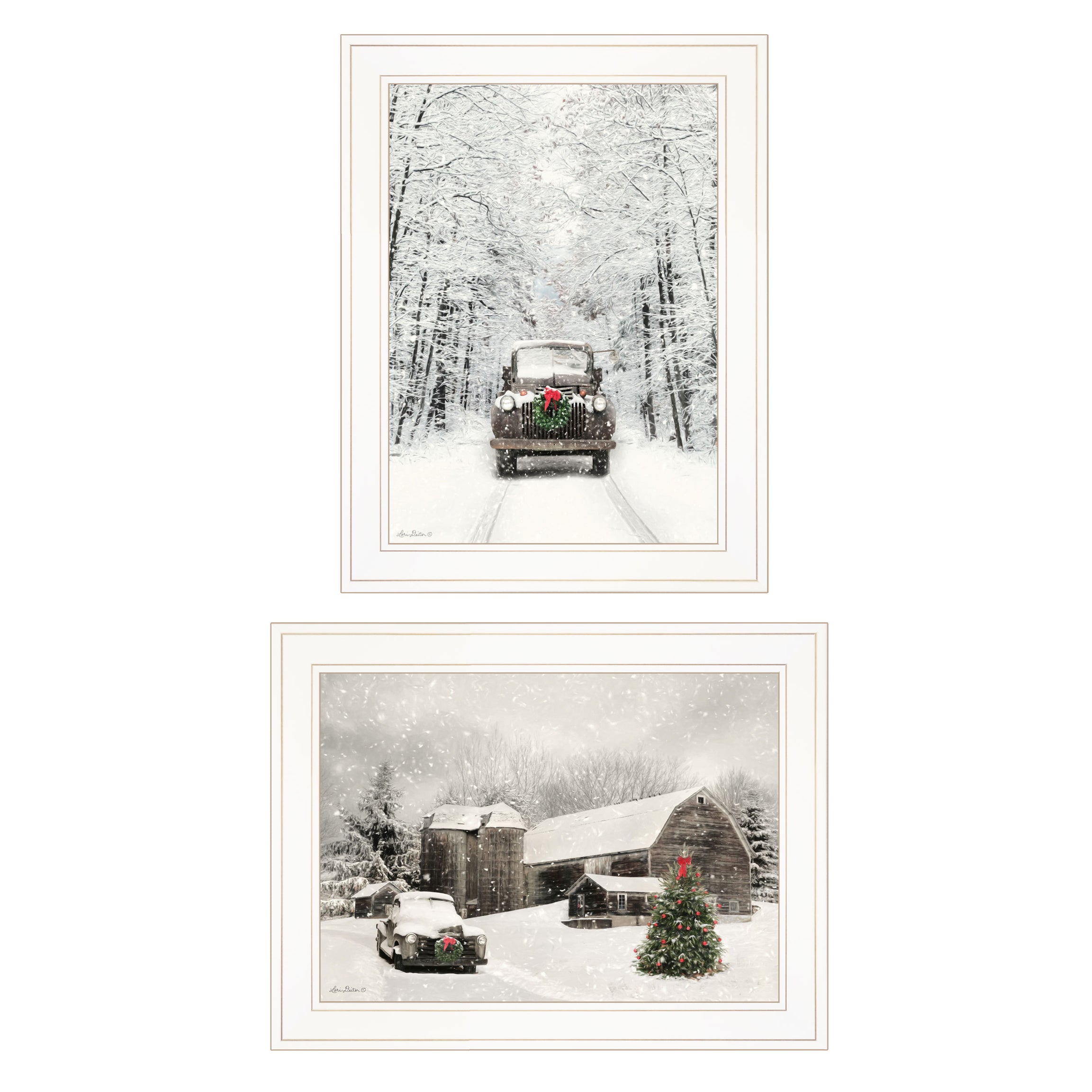 "Antique Christmas" 2-Piece Vignette by Lori Deiter, White Frame--1