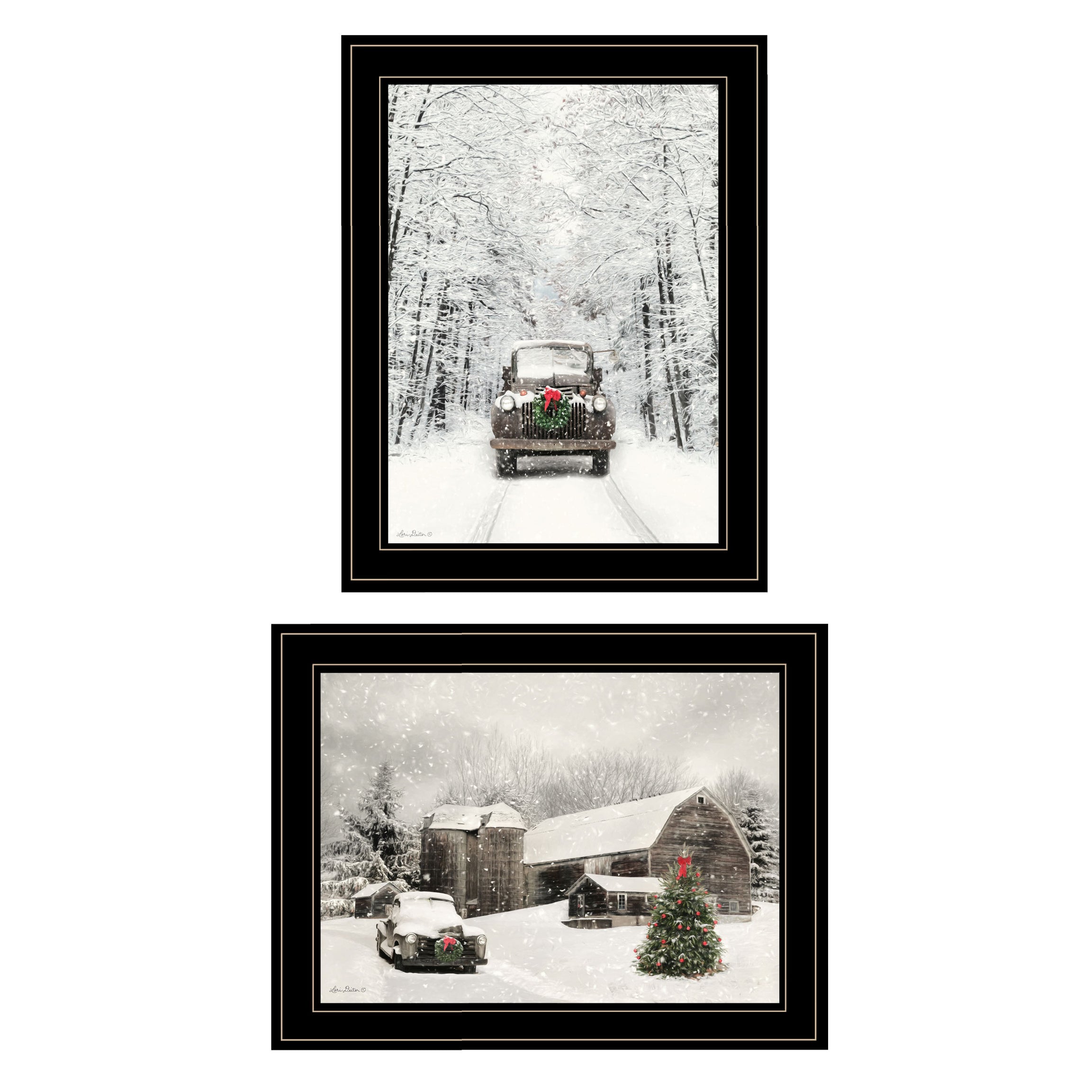 "Antique Christmas" 2-Piece Vignette by Lori Deiter, Black Frame--1