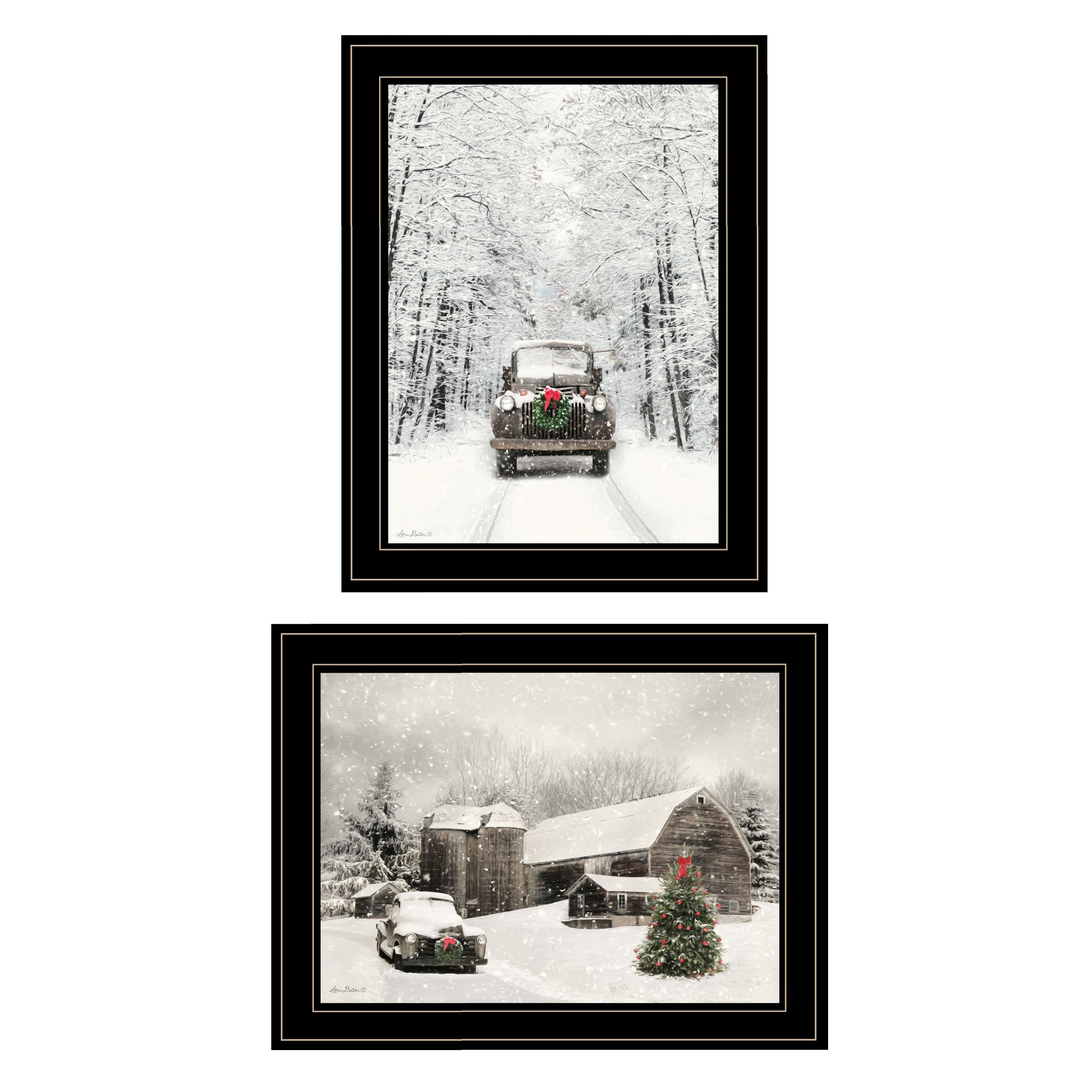 "Antique Christmas" 2-Piece Vignette by Lori Deiter, Black Frame--1