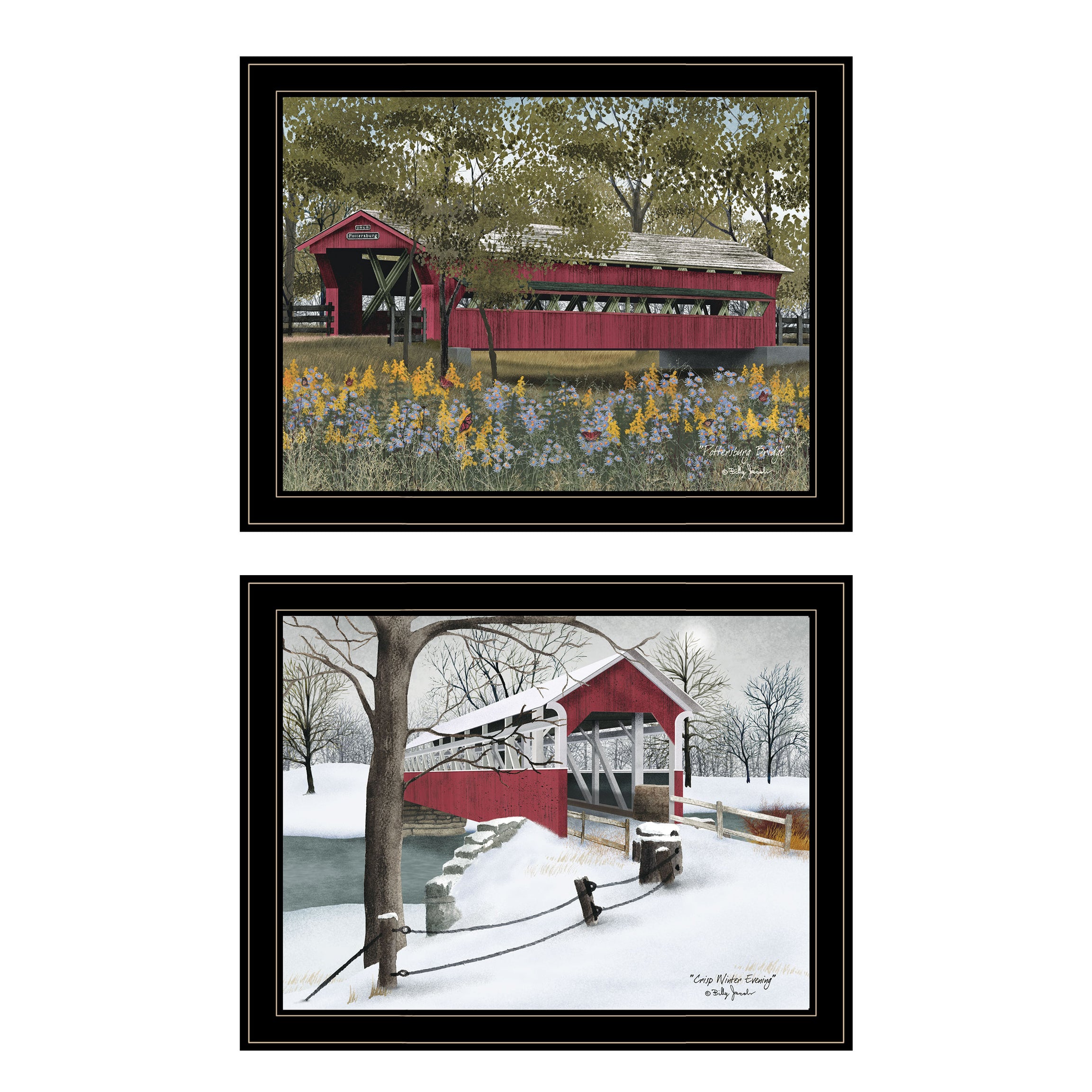 "Covered Bridge Collection" II 2-Piece Vignette by Billy Jacobs, Black Frame--1