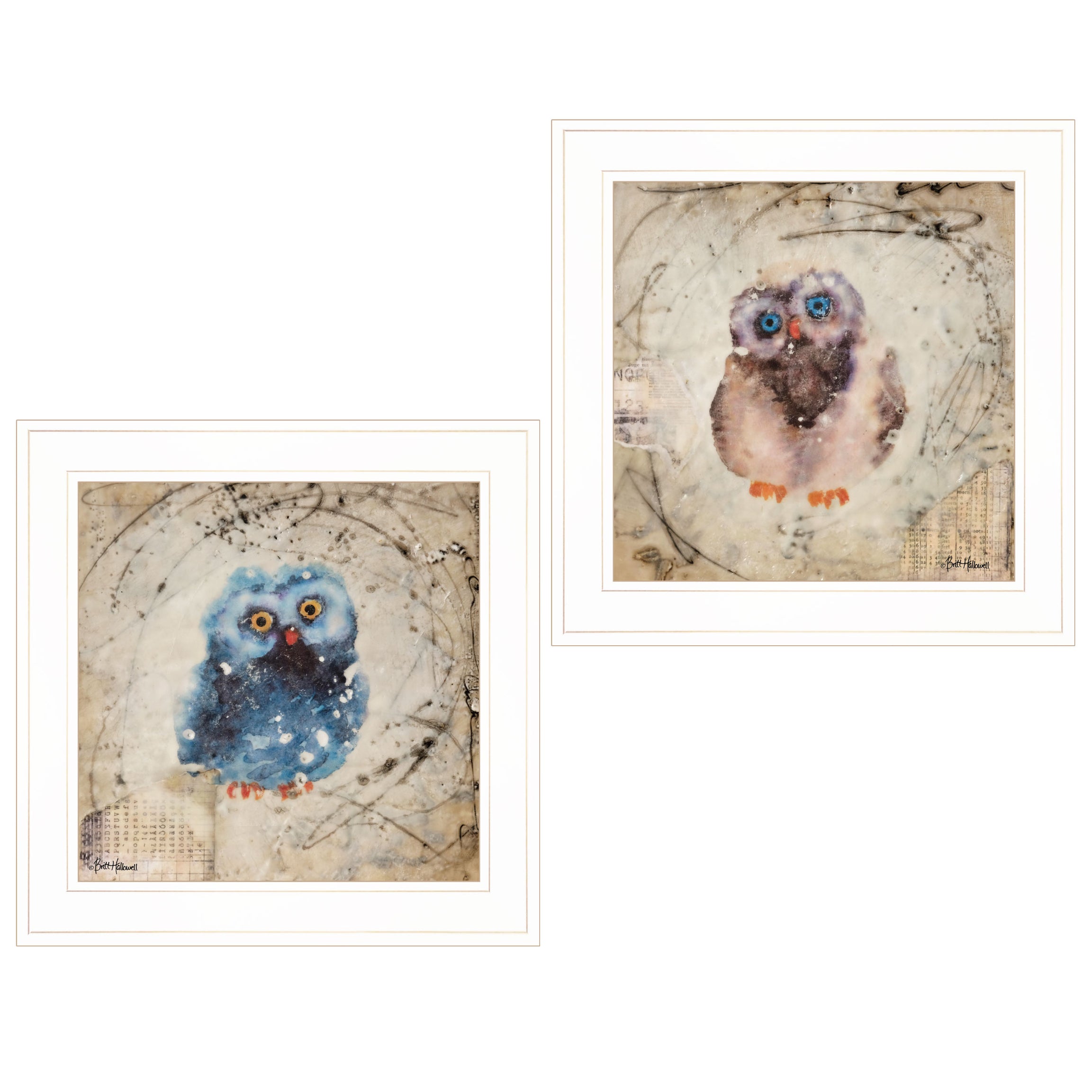 "Wonder Years - Owls" 2-Piece Vignette By Britt Hallowell, Ready to Hang Framed Print, White Frame--1