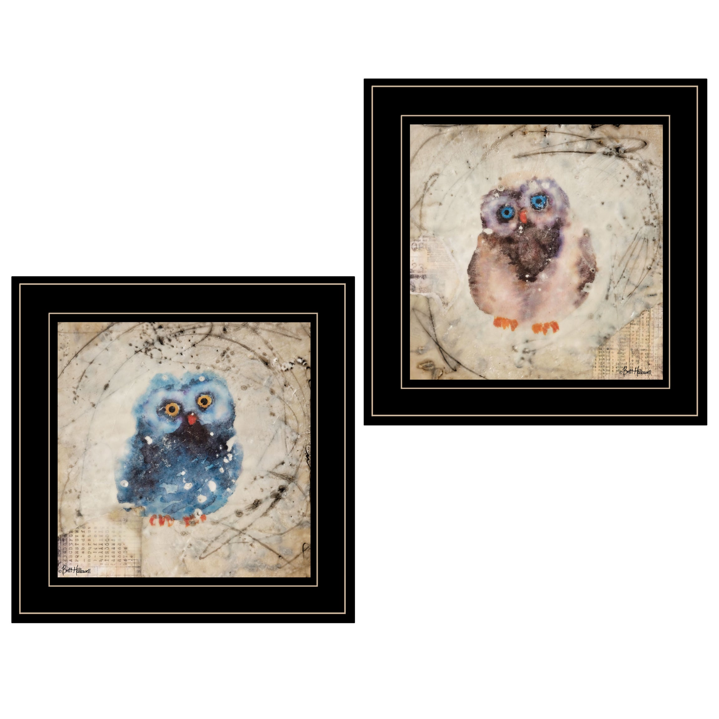 "Wonder Years - Owls" 2-Piece Vignette By Britt Hallowell, Ready to Hang Framed Print, Black Frame--1