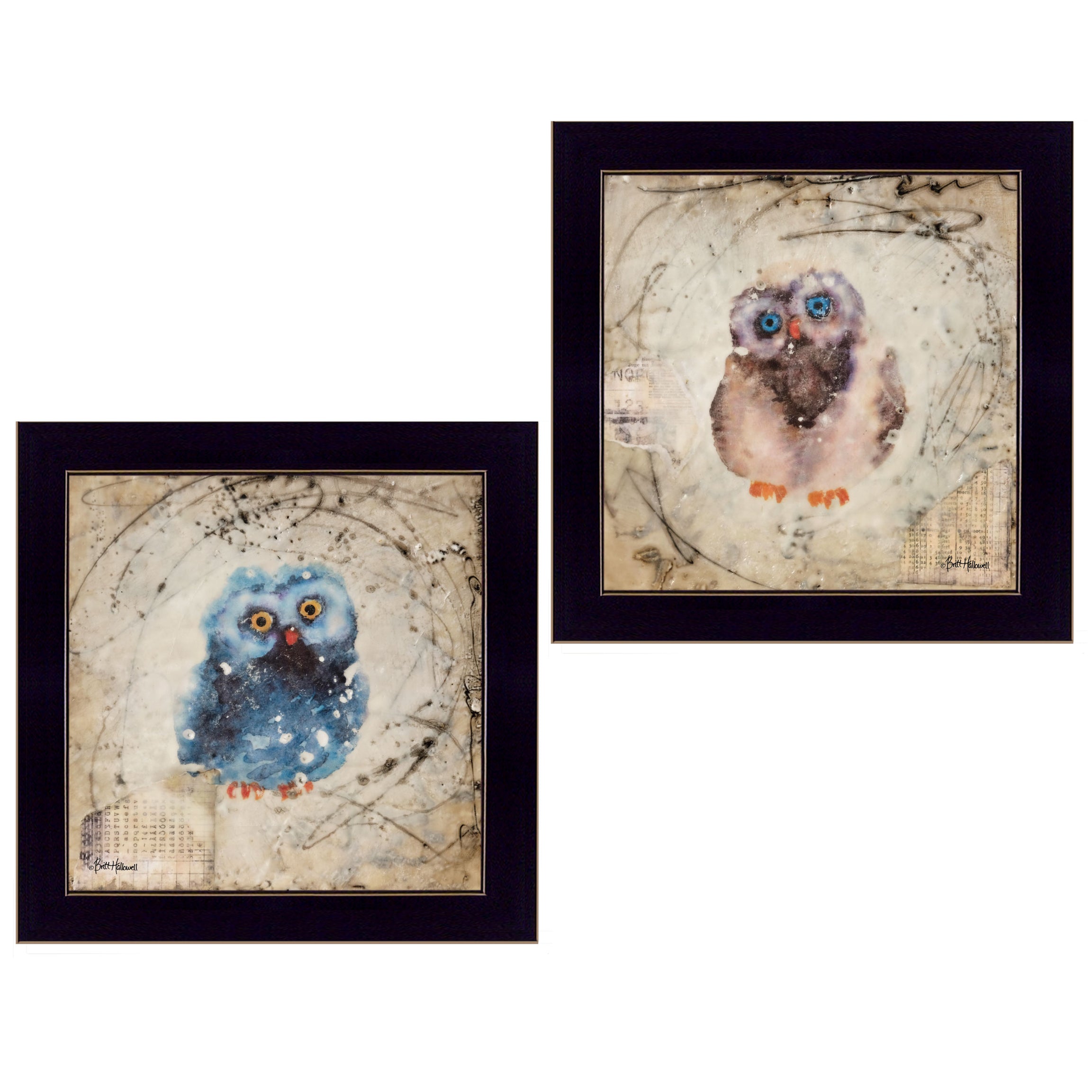 "Wonder Years - Owls" 2-Piece Vignette By Britt Hallowell, Ready to Hang Framed Print, Black Frame--1