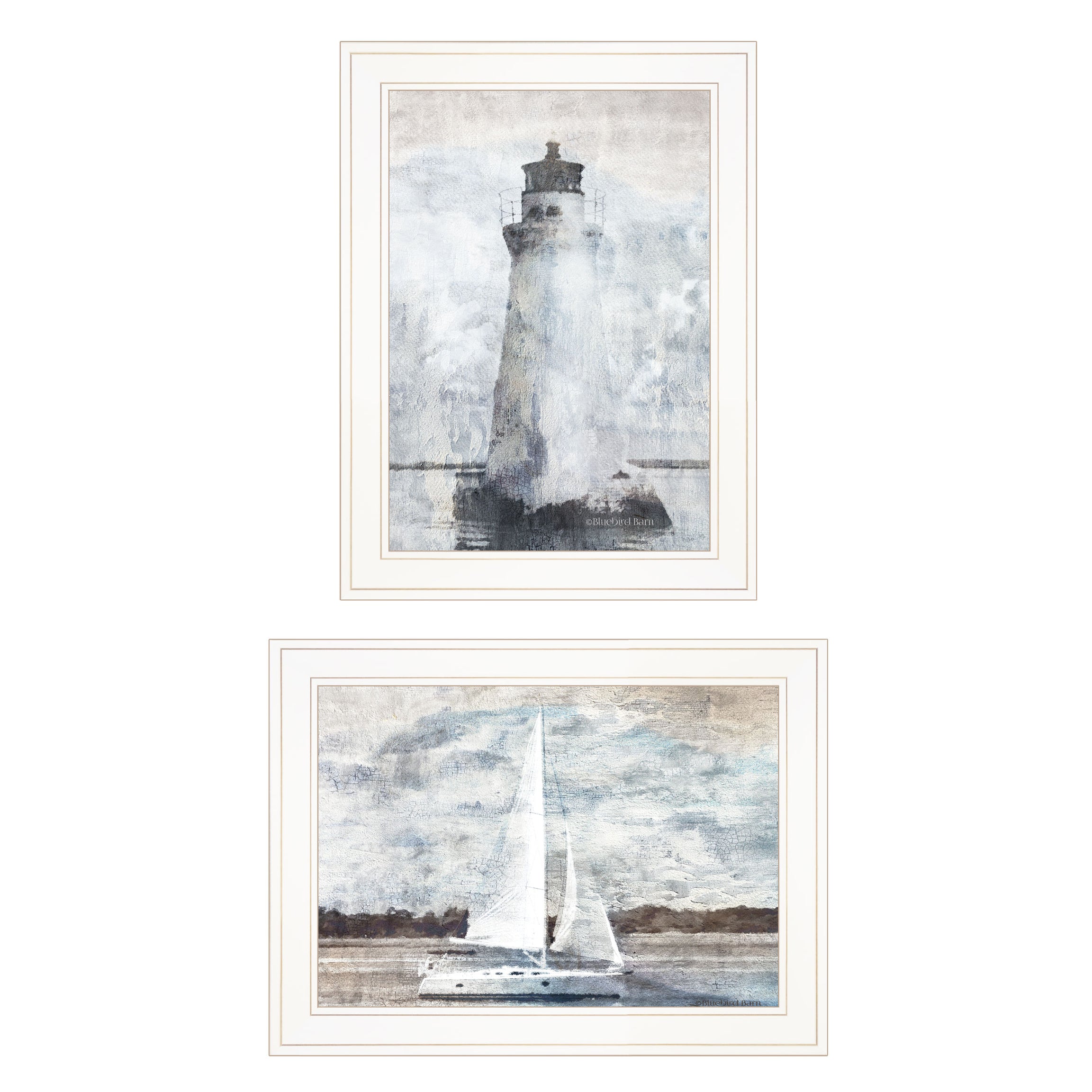 "Lighthouse Sailboat" 2-Piece Vignette By Bluebird Barn, Ready to Hang Framed Print, White Frame--1