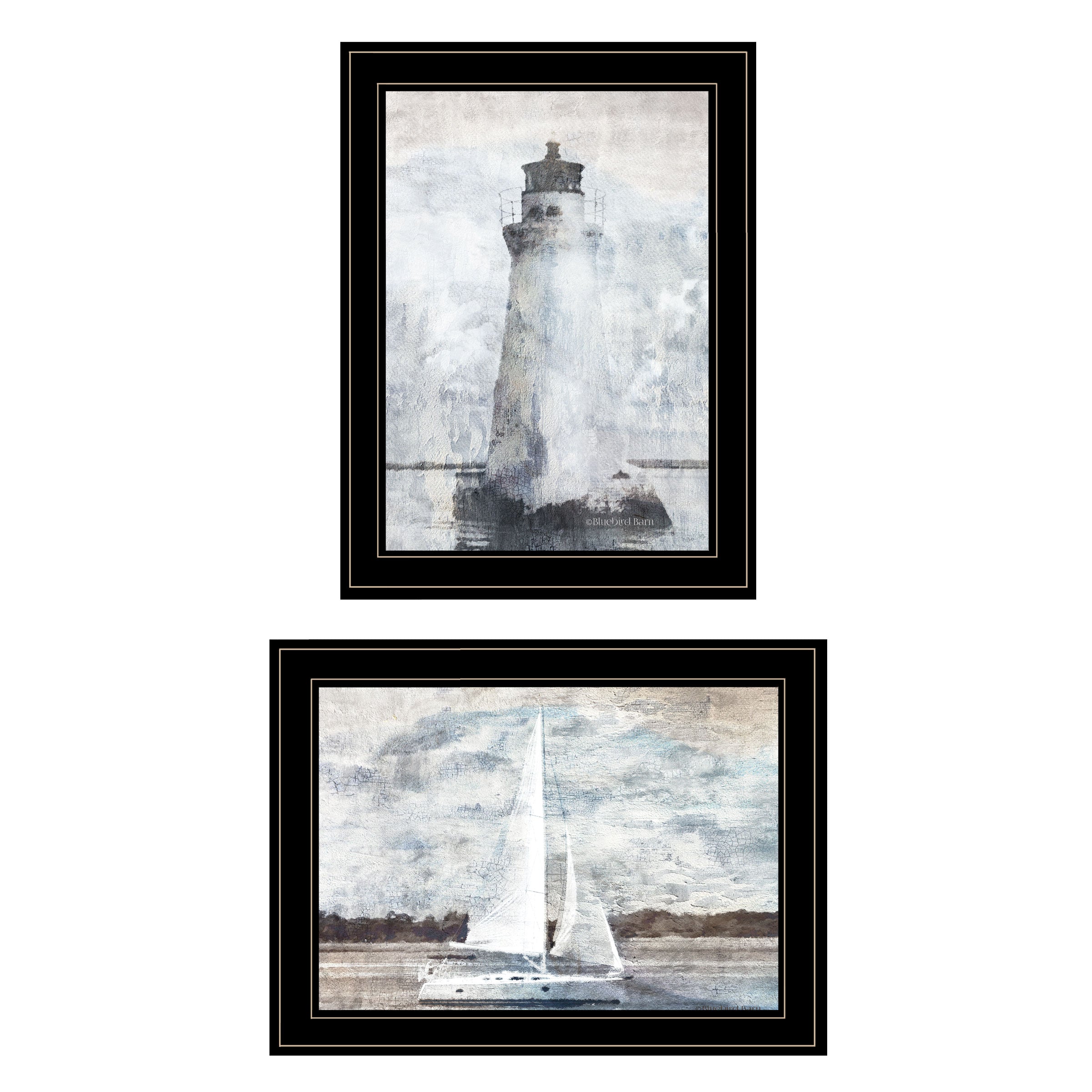 "Lighthouse Sailboat" 2-Piece Vignette By Bluebird Barn, Ready to Hang Framed Print, Black Frame--1