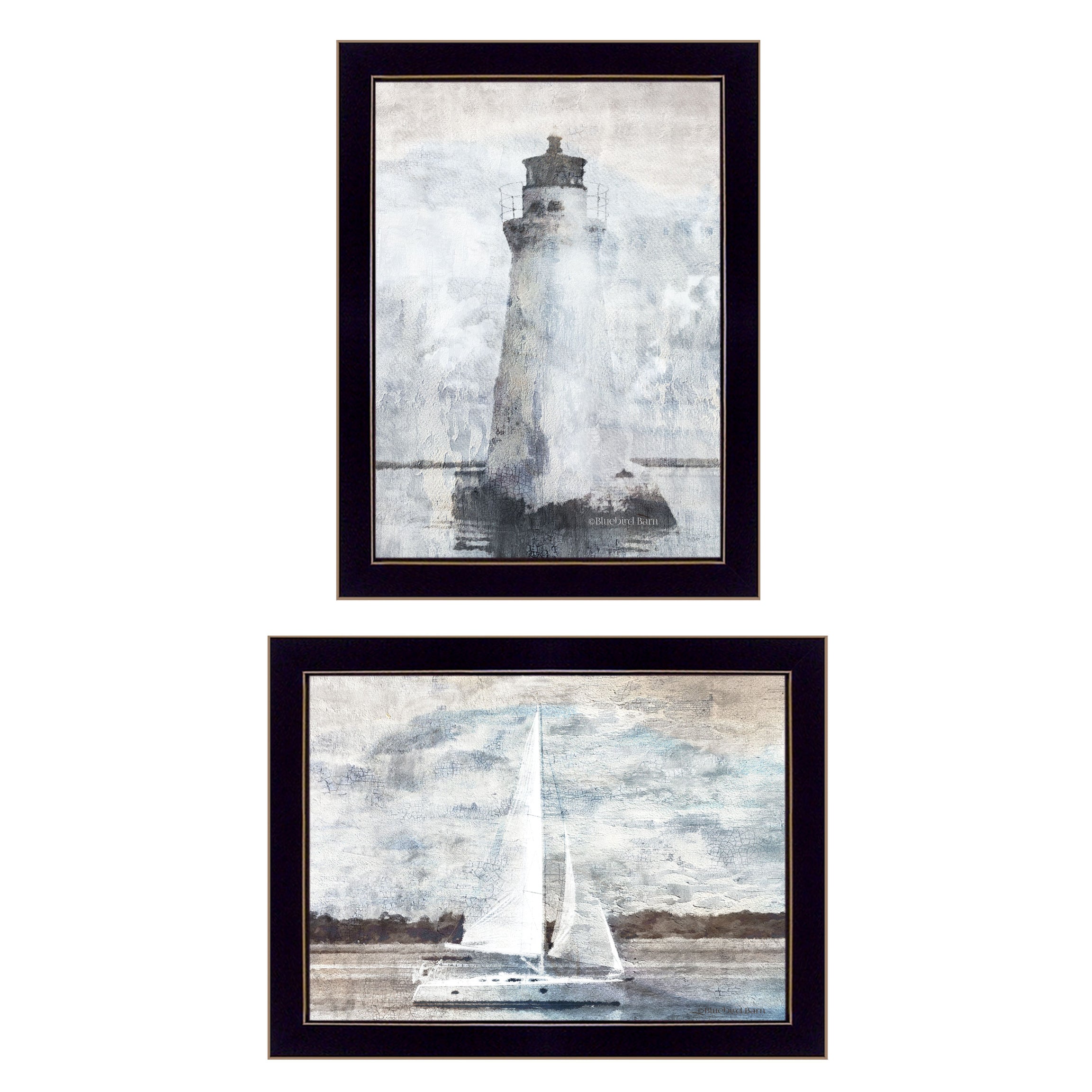 "Lighthouse Sailboat" 2-Piece Vignette By Bluebird Barn, Ready to Hang Framed Print, Black Frame--1