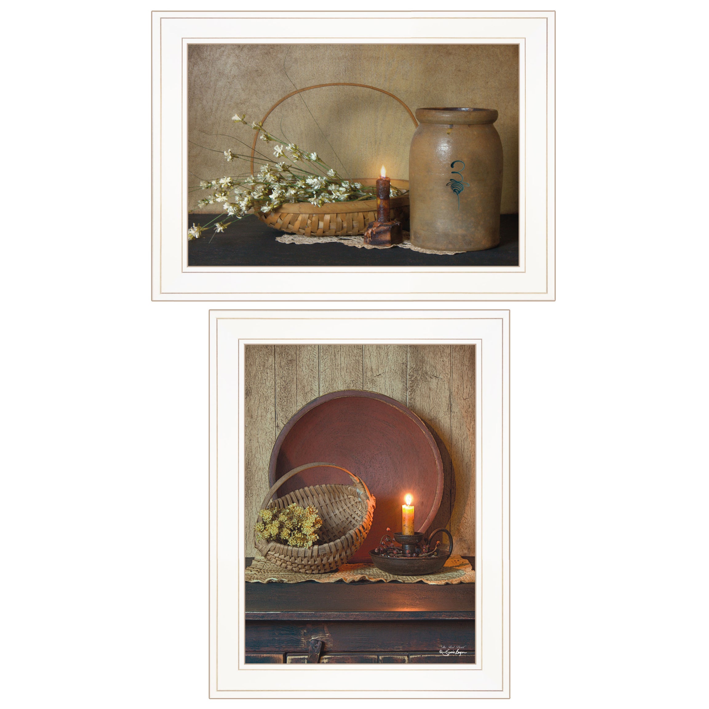 "Candle Light & Flowers" 2-Piece Vignette By Susie Boyer, Ready to Hang Framed Print, White Frame--1