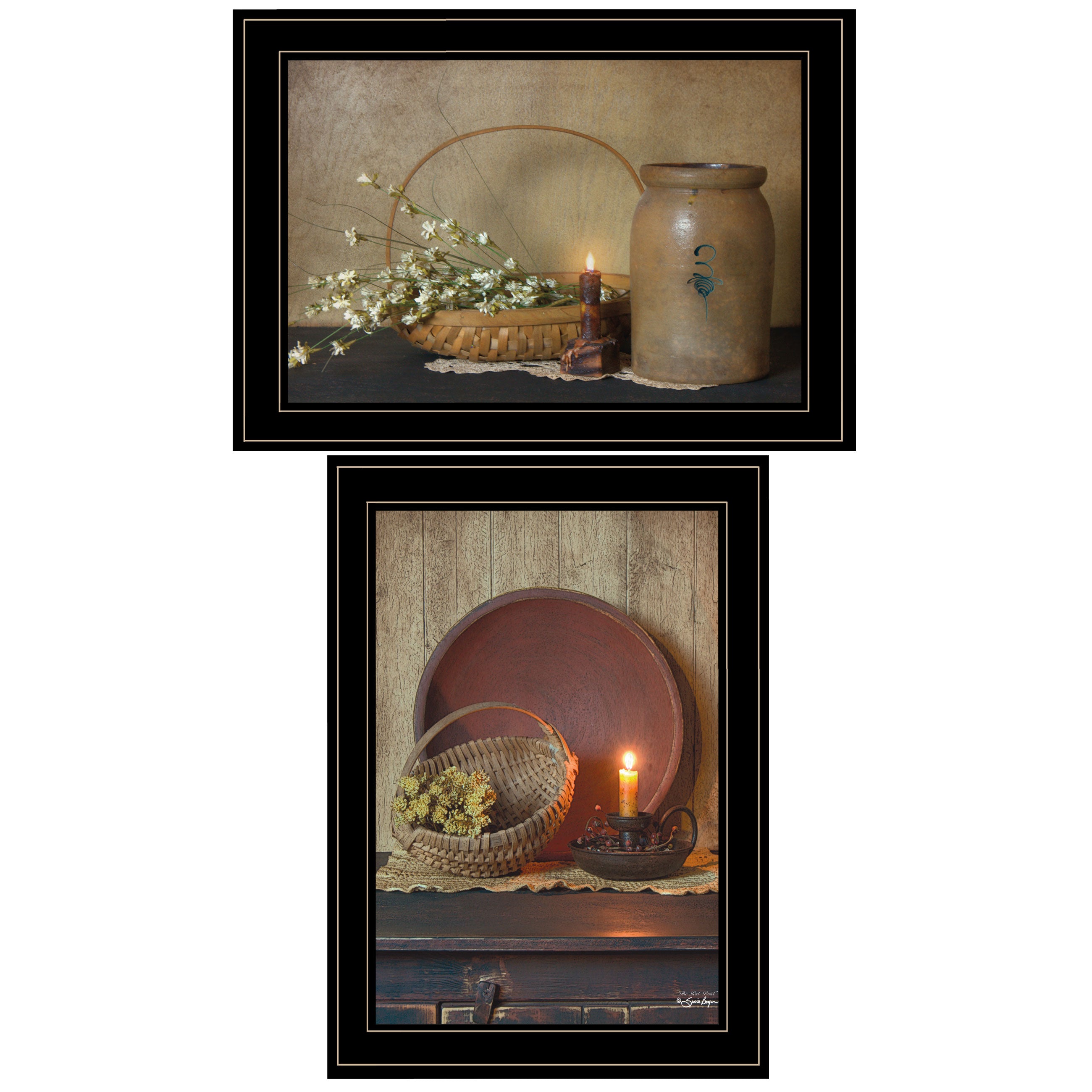 "Candle Light & Flowers" 2-Piece Vignette By Susie Boyer, Ready to Hang Framed Print, Black Frame--1