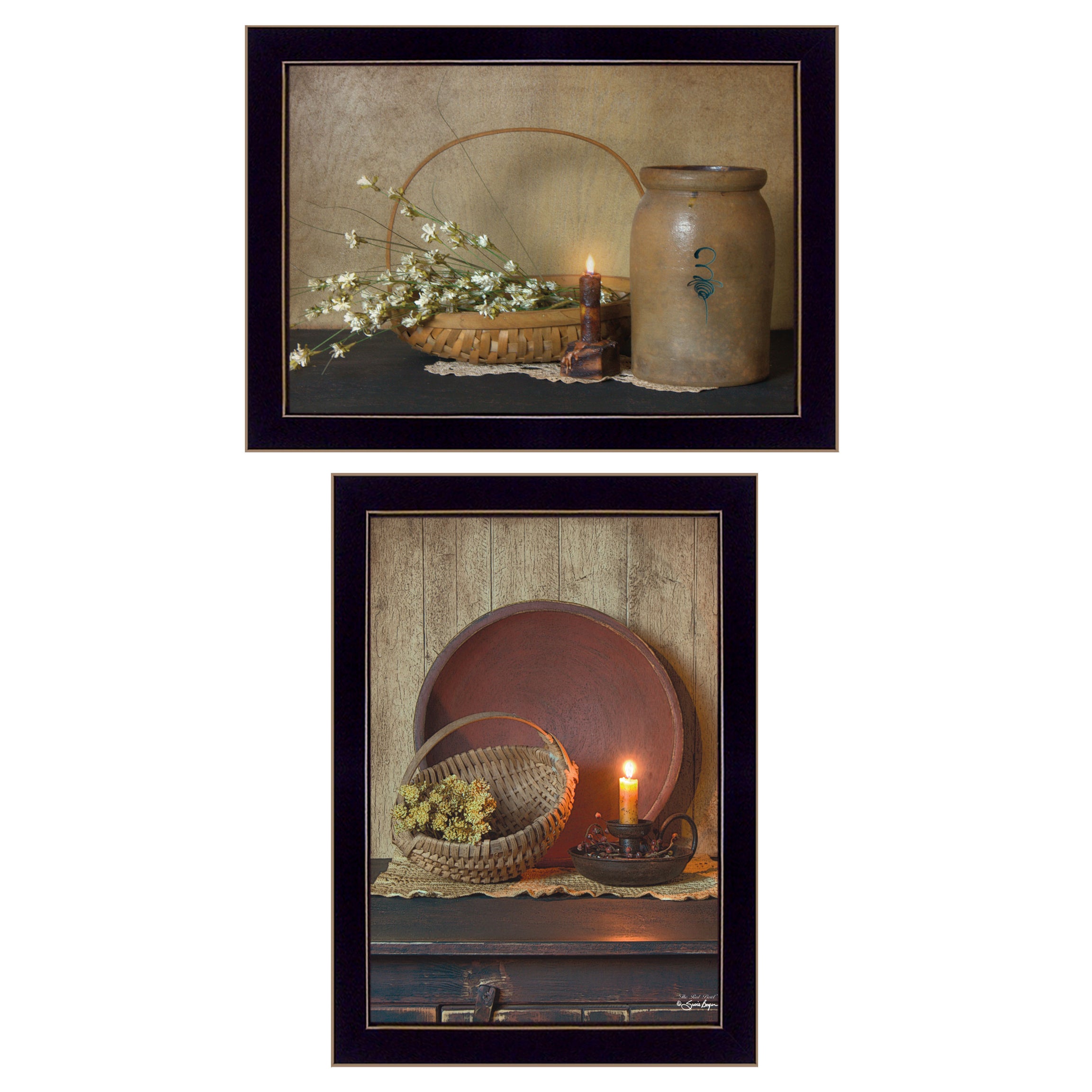 "Candle Light & Flowers" 2-Piece Vignette By Susie Boyer, Ready to Hang Framed Print, Black Frame--1