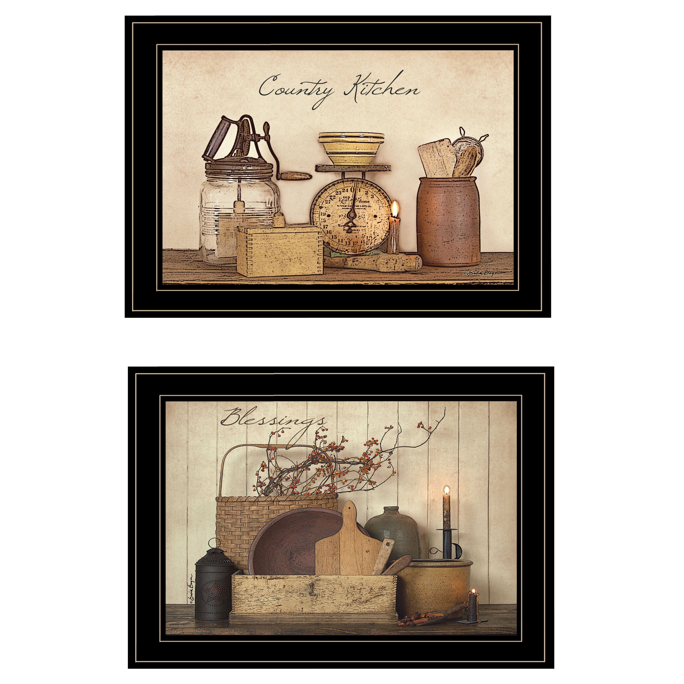 "Candlelight and Flowers" 2-Piece Vignette By Susie Boyer, Ready to Hang Framed Print, Black Frame--1