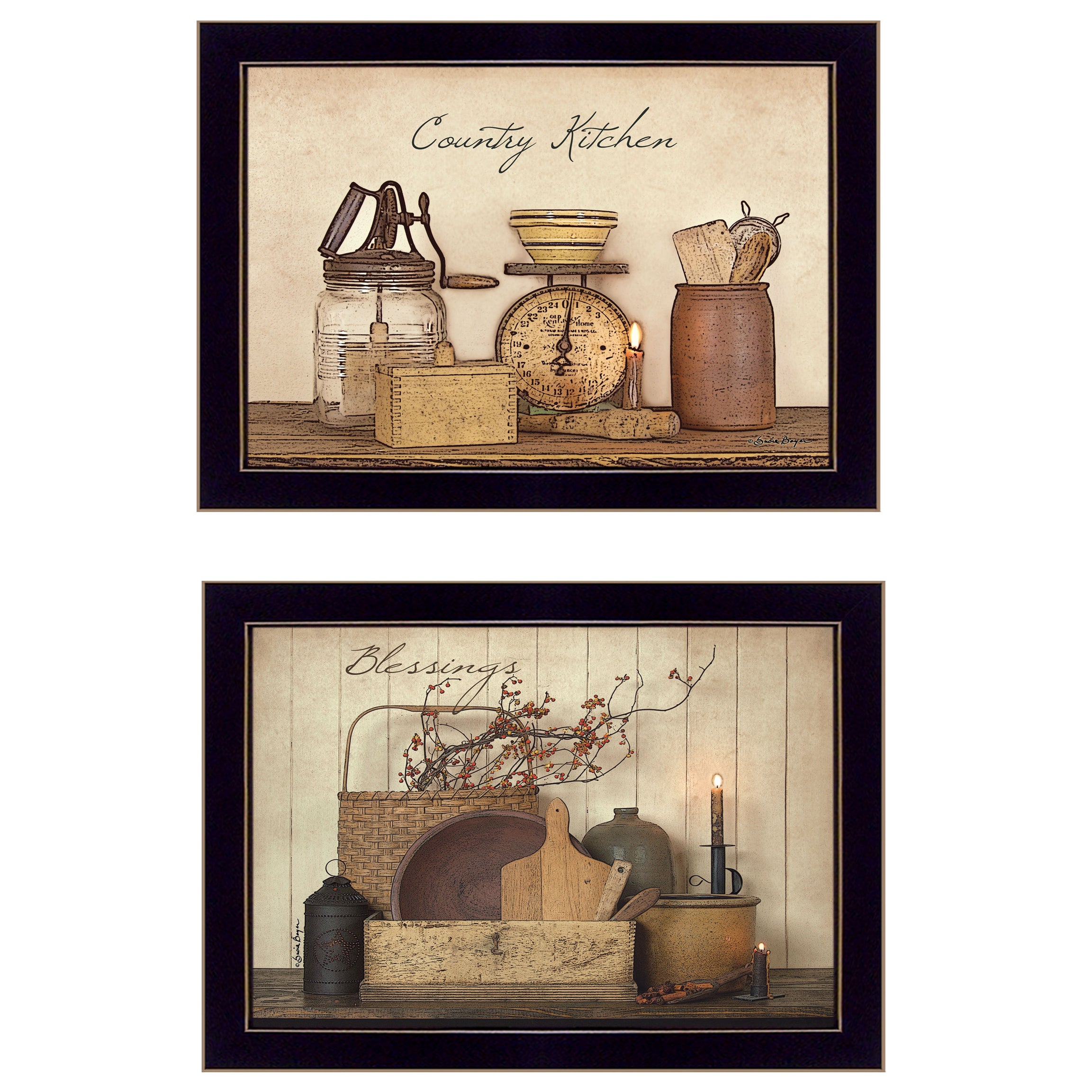 "Candlelight and Flowers" 2-Piece Vignette By Susie Boyer, Ready to Hang Framed Print, Black Frame--1