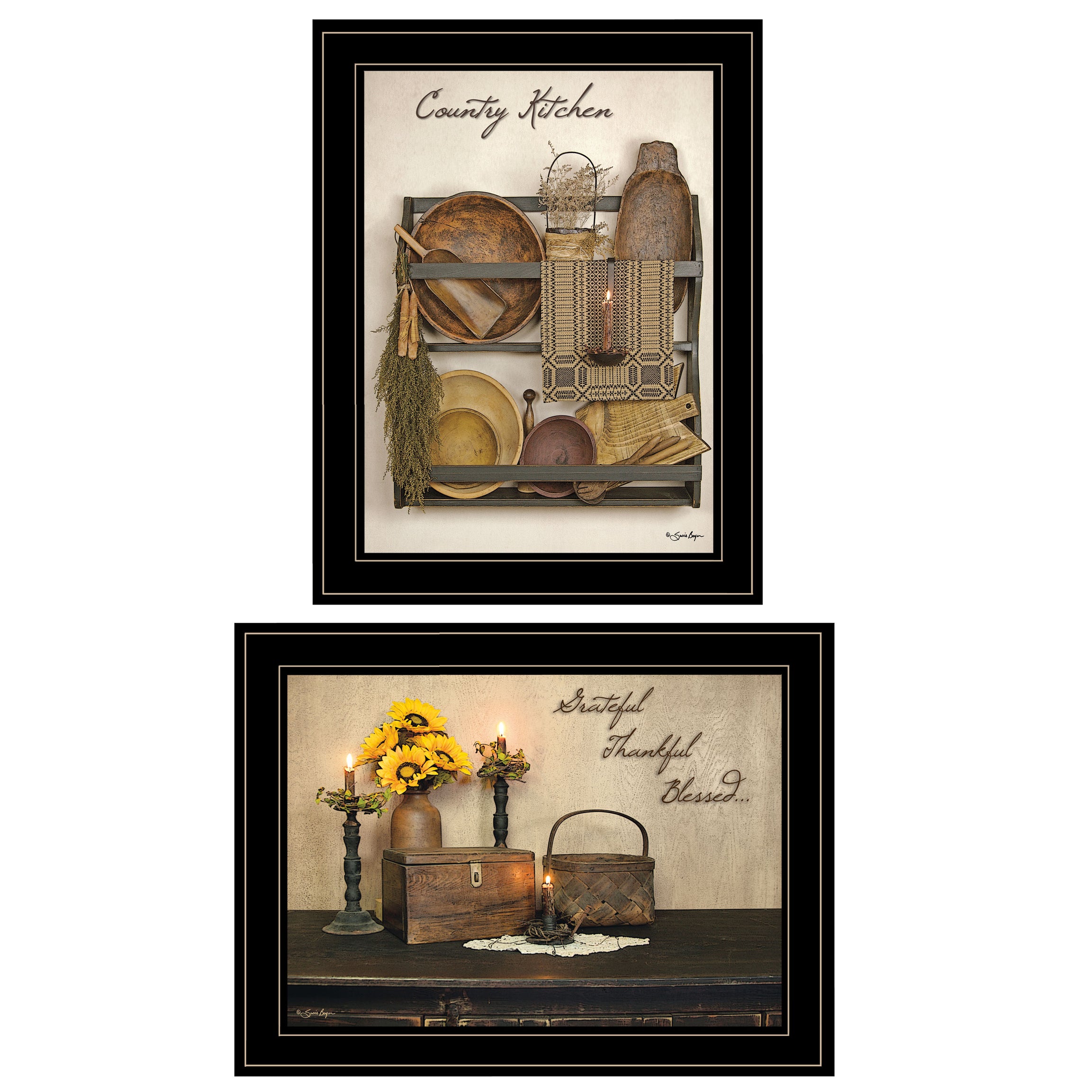 "Grateful and Blessed Collection" 2-Piece Vignette By Susie Boyer, Ready to Hang Framed Print, Black Frame--1