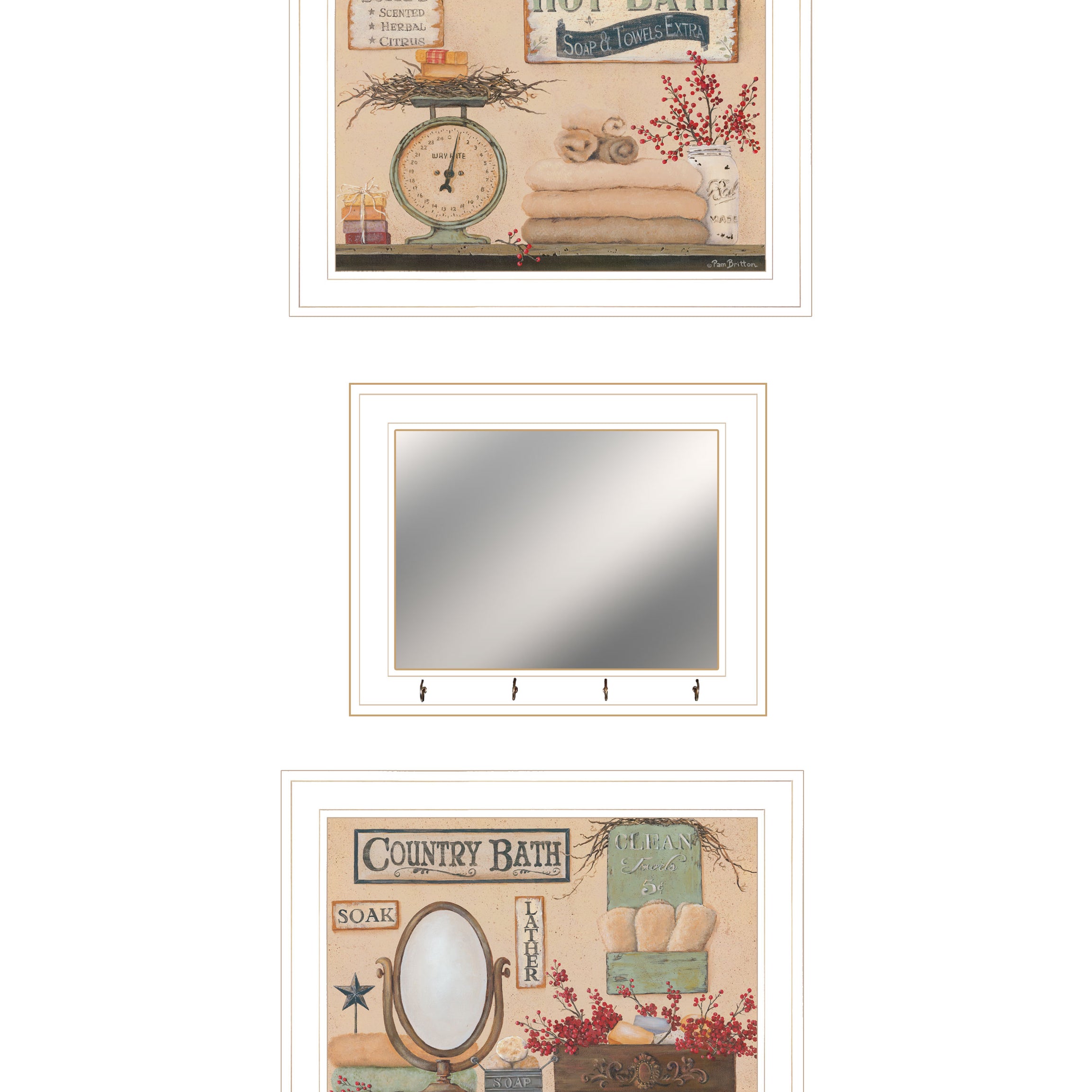 "Country Bath III Collection" 3-Piece Vignette By Pam Britton, Ready to Hang Framed Print, White Frame--1