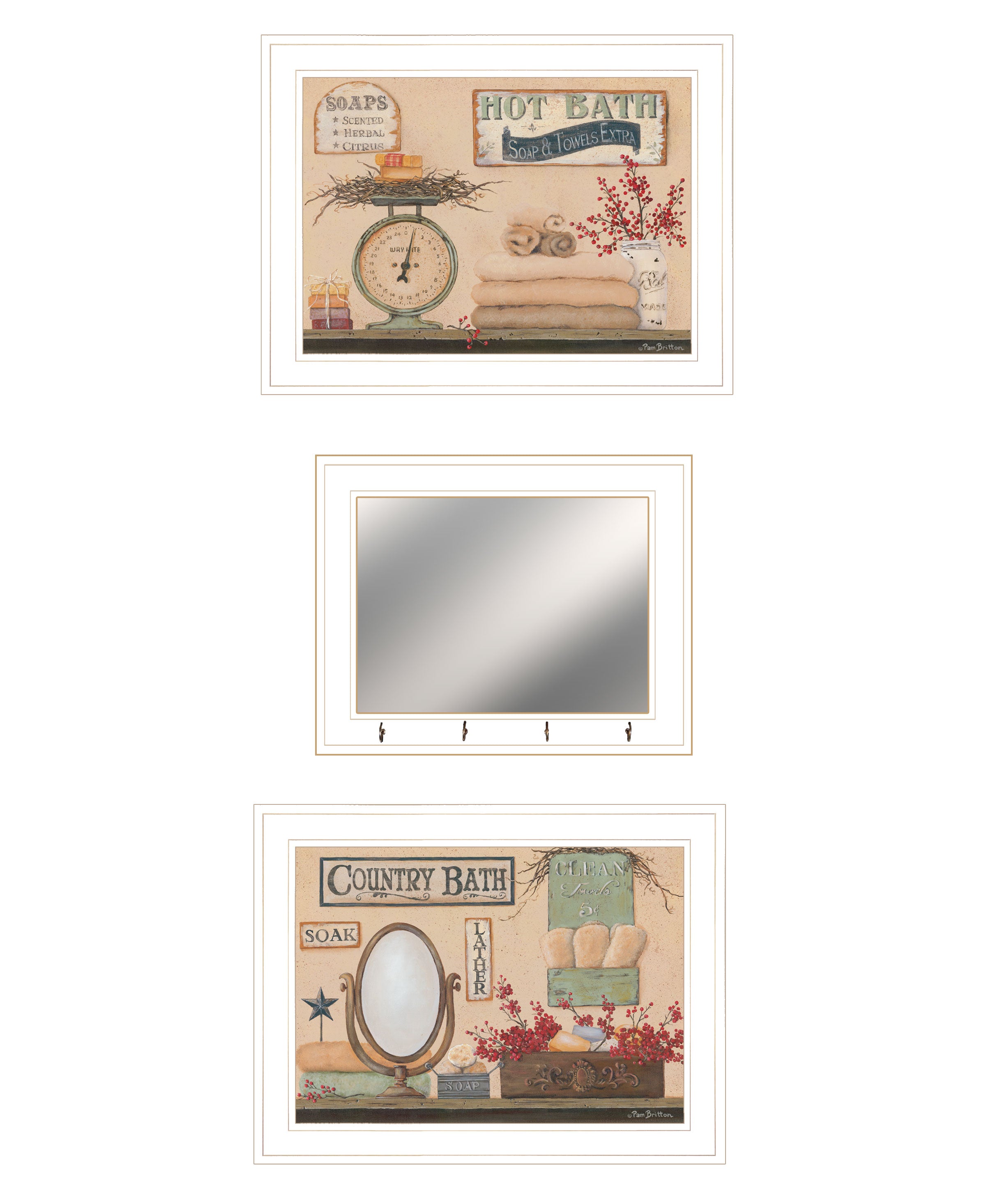 "Country Bath III Collection" 3-Piece Vignette By Pam Britton, Ready to Hang Framed Print, White Frame--1