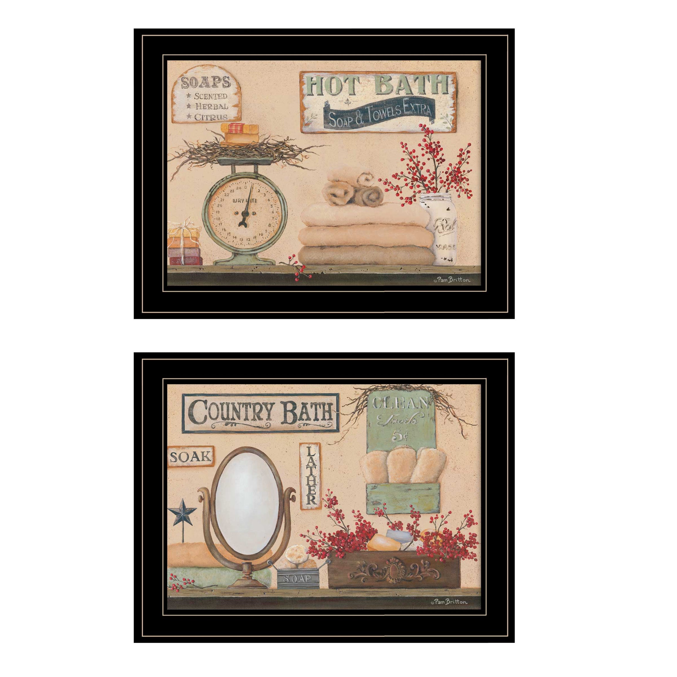 "Country Bath III" 2-Piece Vignette By Pam Britton, Ready to Hang Framed Print, Black Frame--1