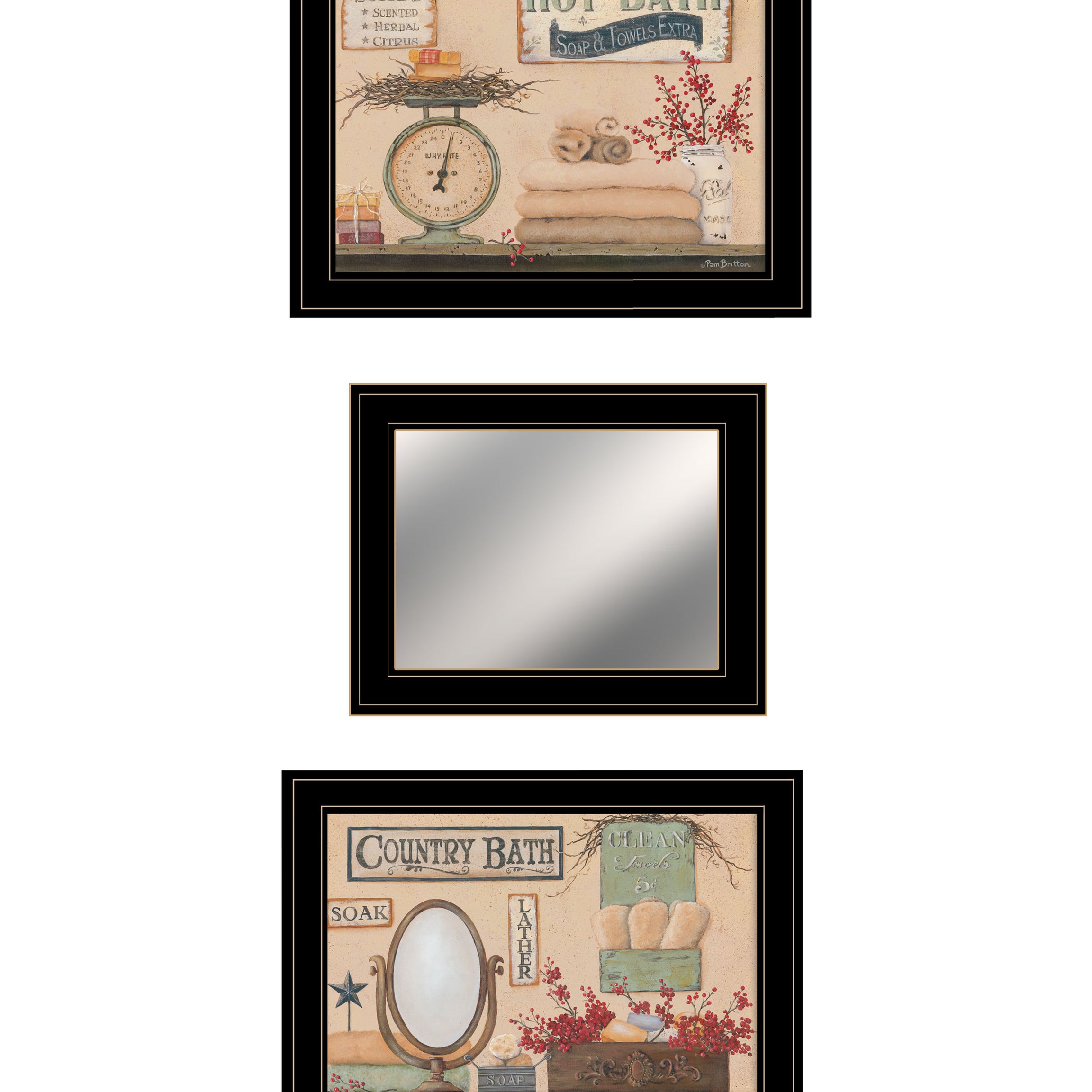 "Country Bath III" 3-Piece Vignette By Pam Britton, Ready to Hang Framed Print, Black Frame--1