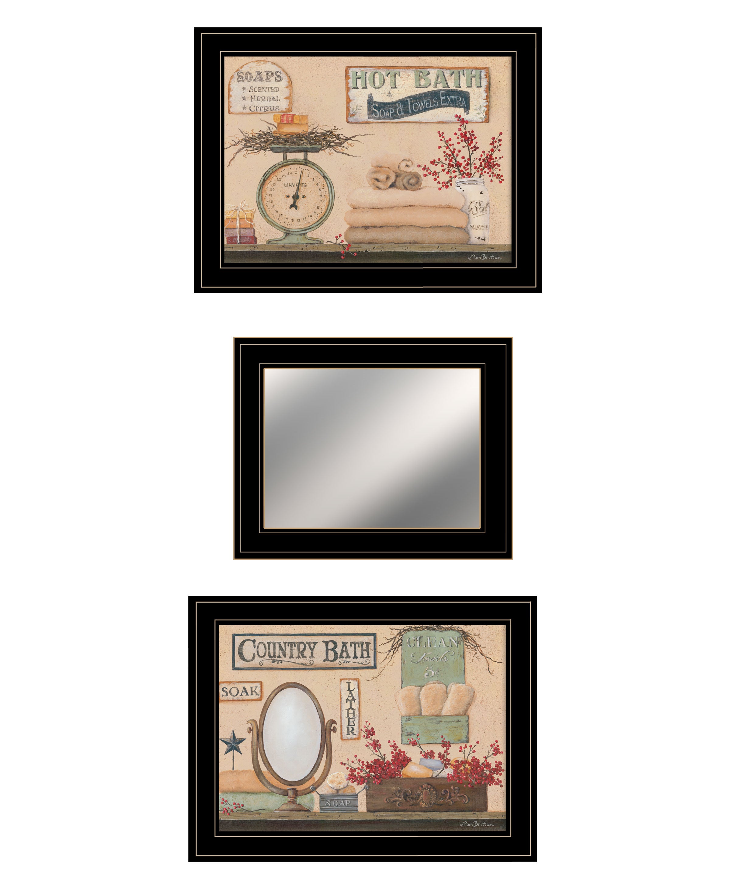 "Country Bath III" 3-Piece Vignette By Pam Britton, Ready to Hang Framed Print, Black Frame--1