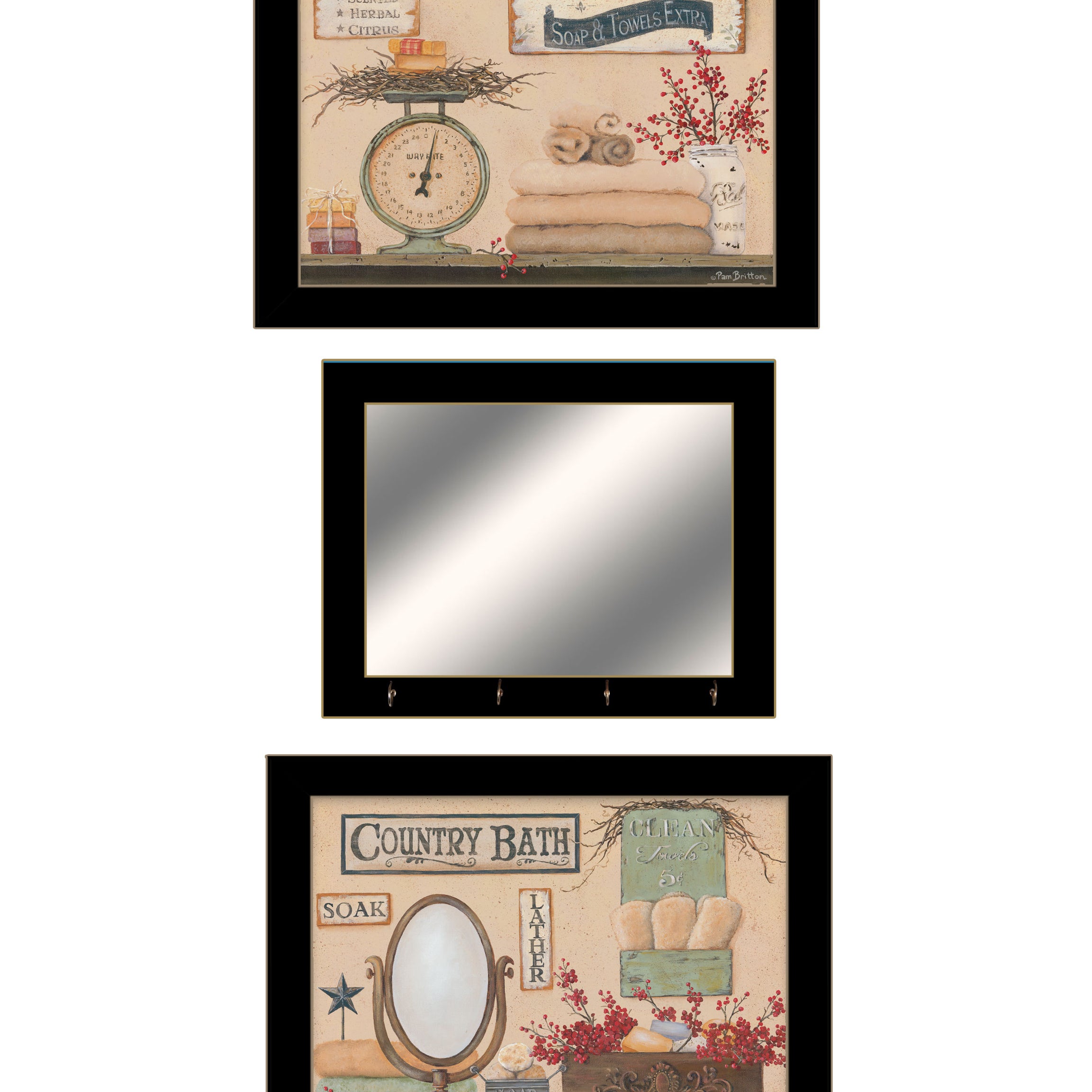 "Country Bath III Collection" 3-Piece Vignette By Pam Britton, Ready to Hang Framed Print, Black Frame--1