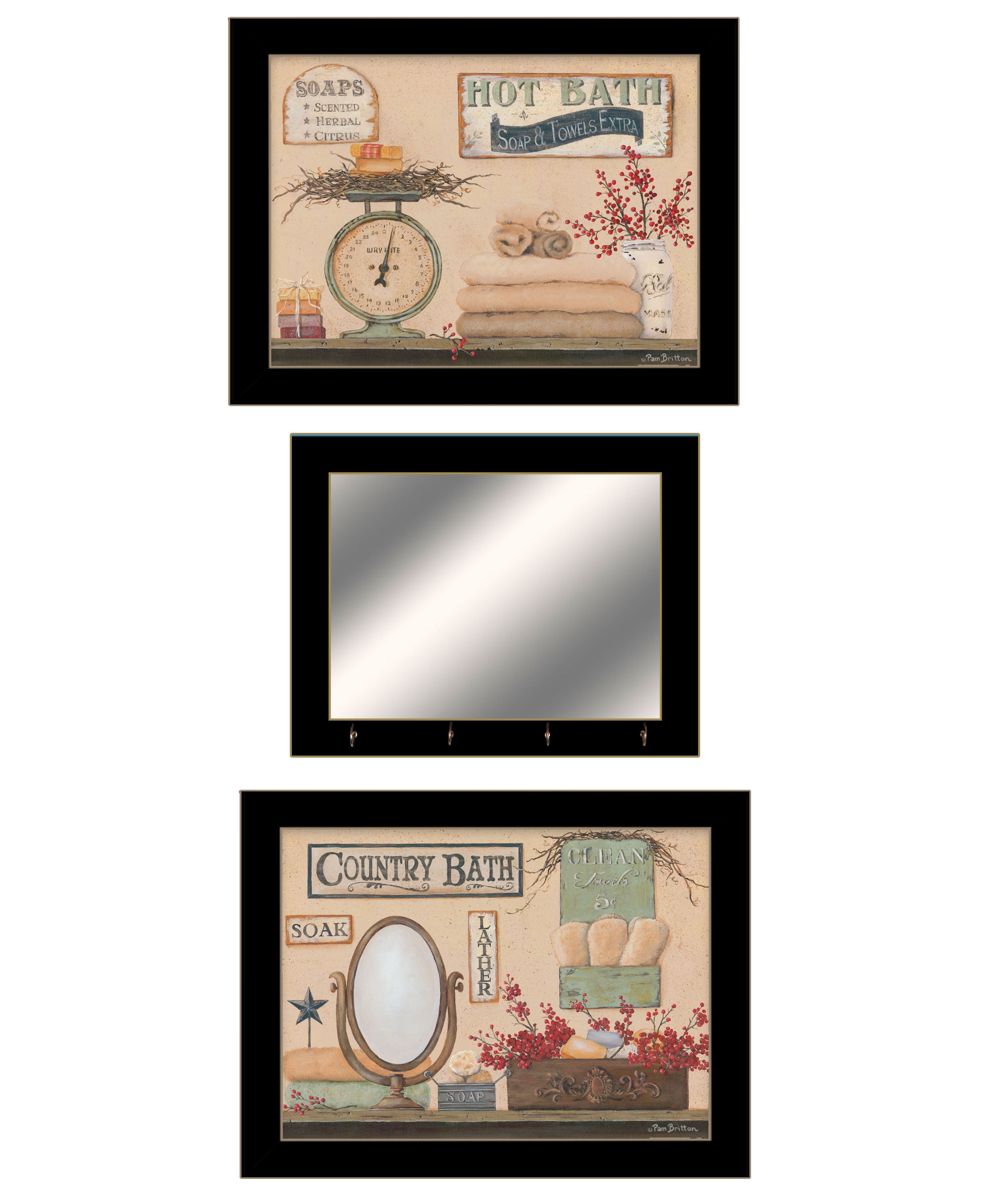 "Country Bath III Collection" 3-Piece Vignette By Pam Britton, Ready to Hang Framed Print, Black Frame--1