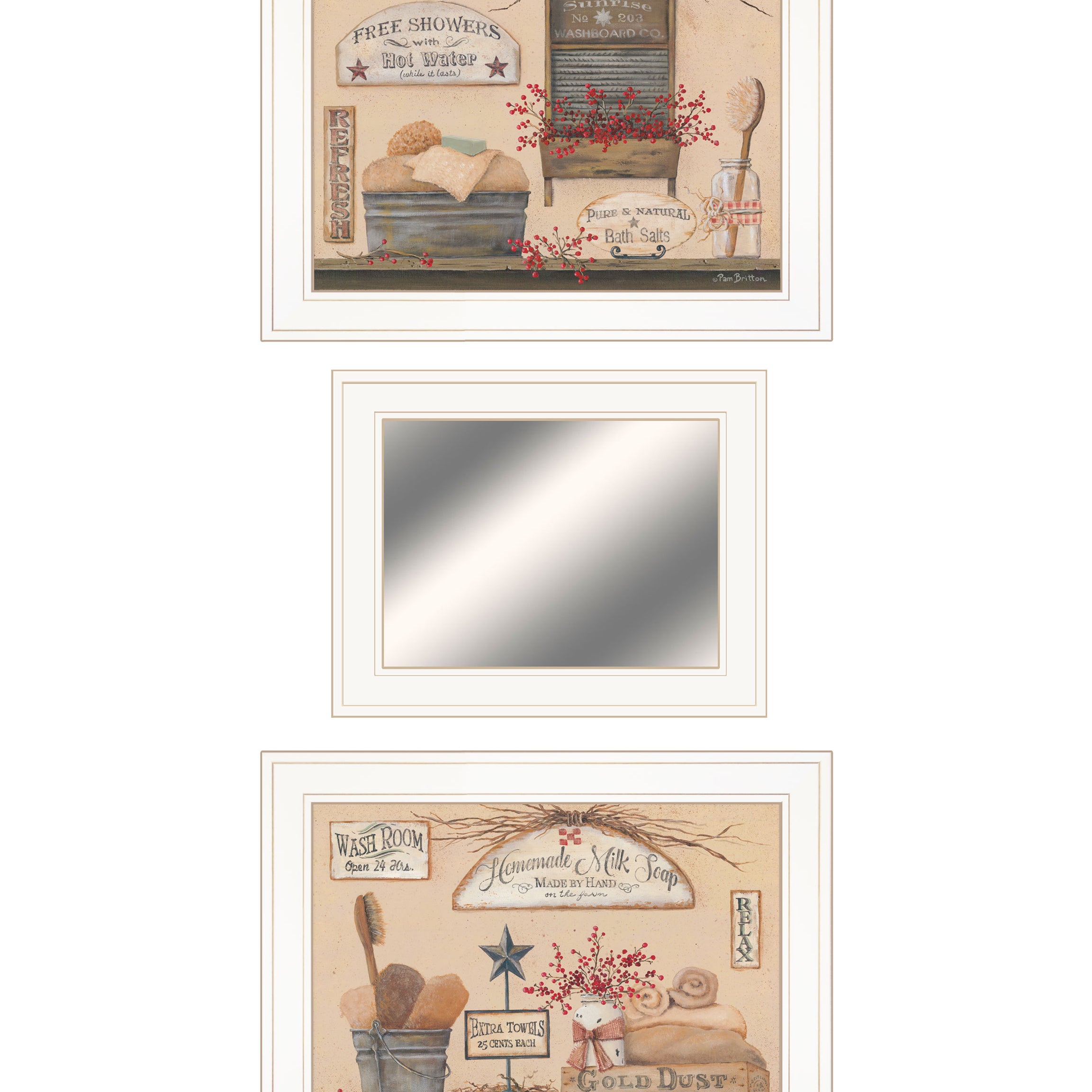 "Wash Room Collection" 3-Piece Vignette By Pam Britton, Ready to Hang Framed Print, White Frame--1