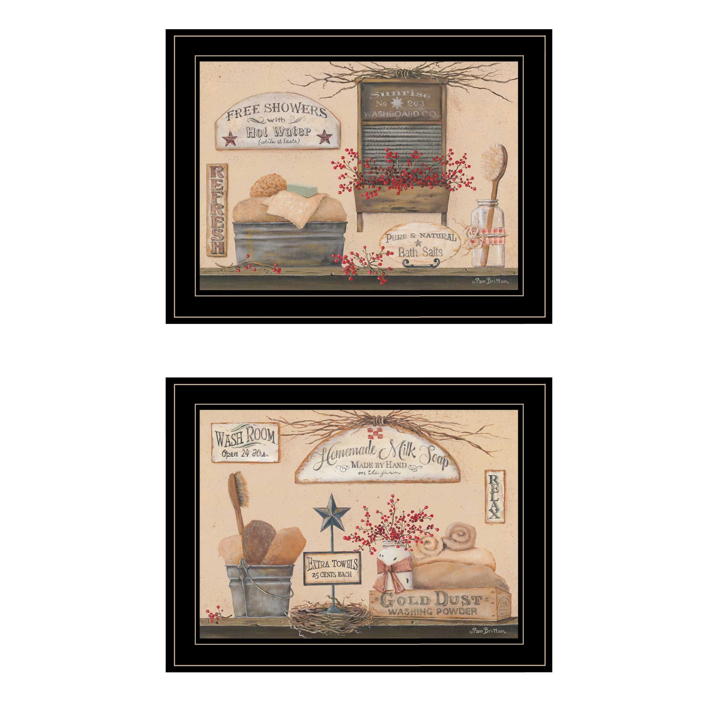 "Wash Room" 2-Piece Vignette By Pam Britton, Ready to Hang Framed Print, Black Frame--1