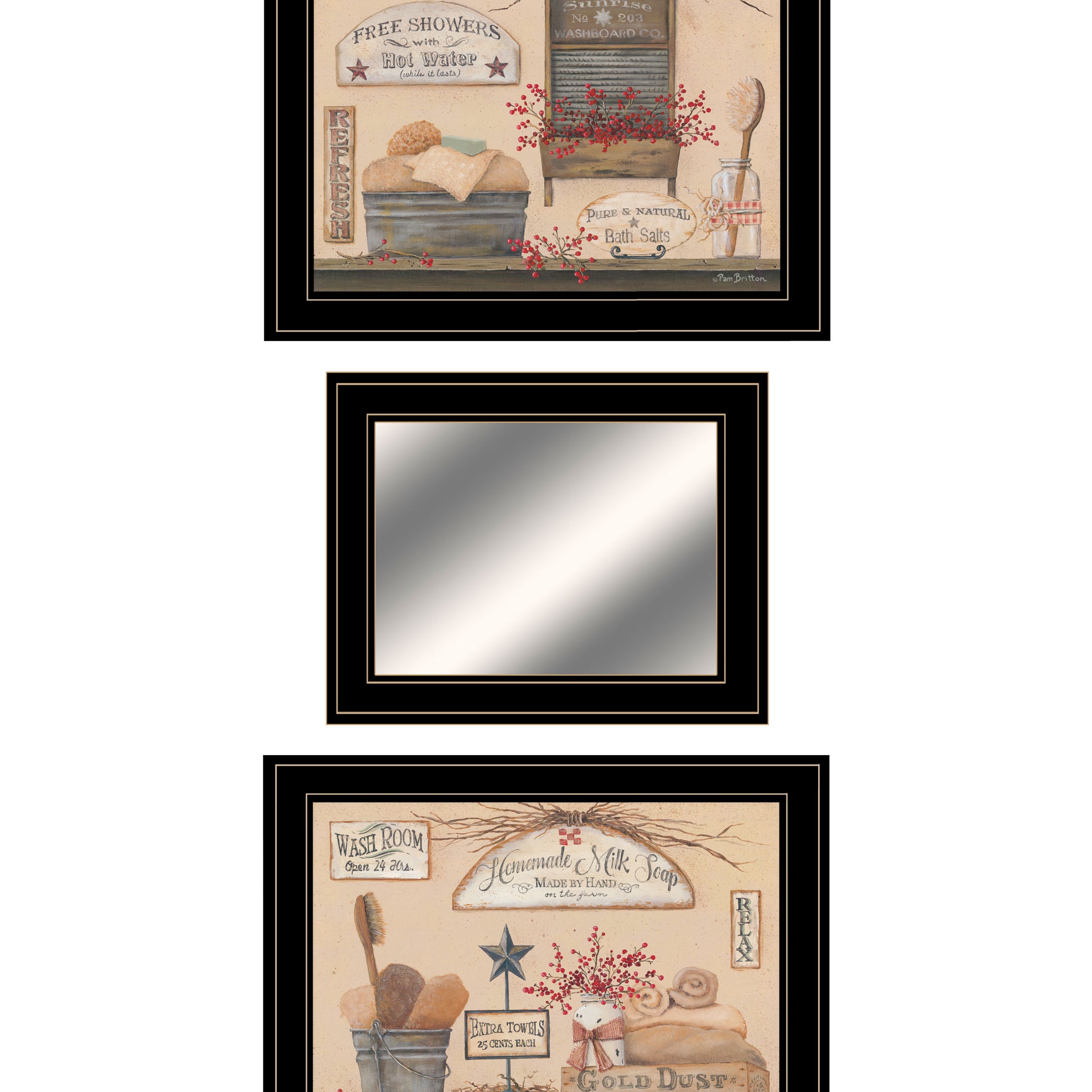 "Wash Room Collection" 3-Piece Vignette By Pam Britton, Ready to Hang Framed Print, Black Frame--1