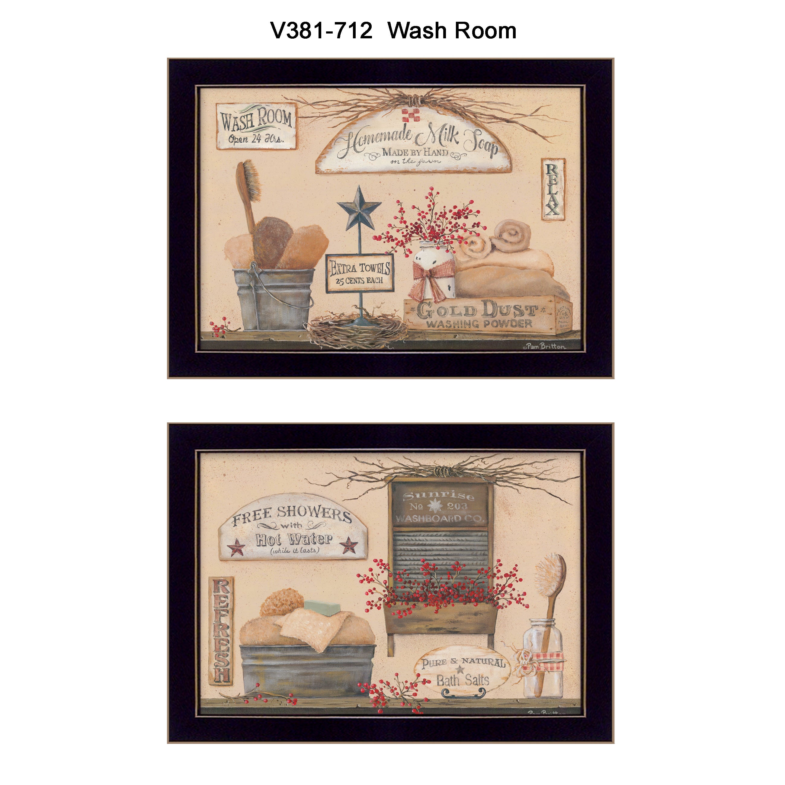 "Wash Room" 2-Piece Vignette By Pam Britton, Ready to Hang Framed Print, Black Frame--1