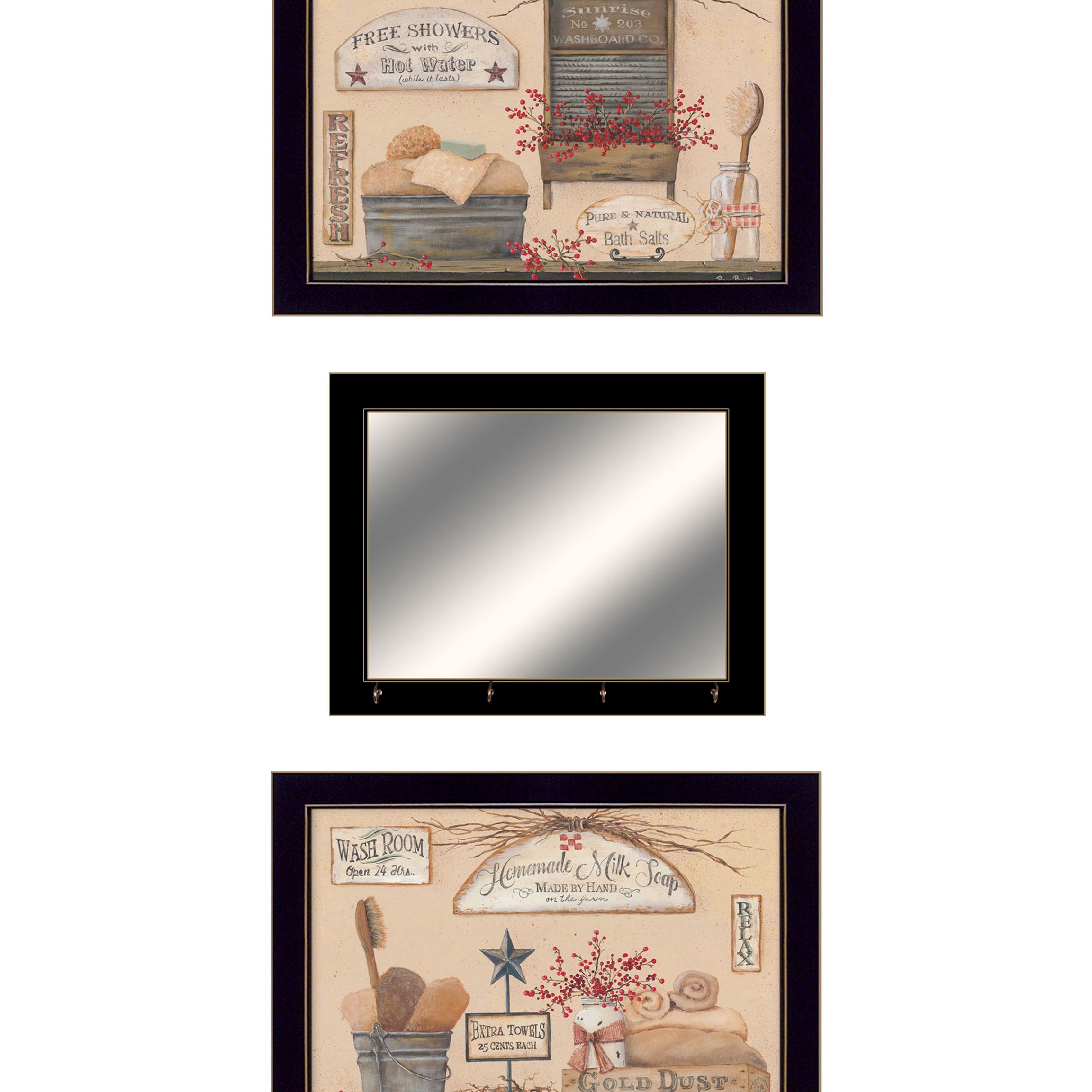 "Wash Room Collection" 3-Piece Vignette By Pam Britton, Ready to Hang Framed Print, Black Frame--1