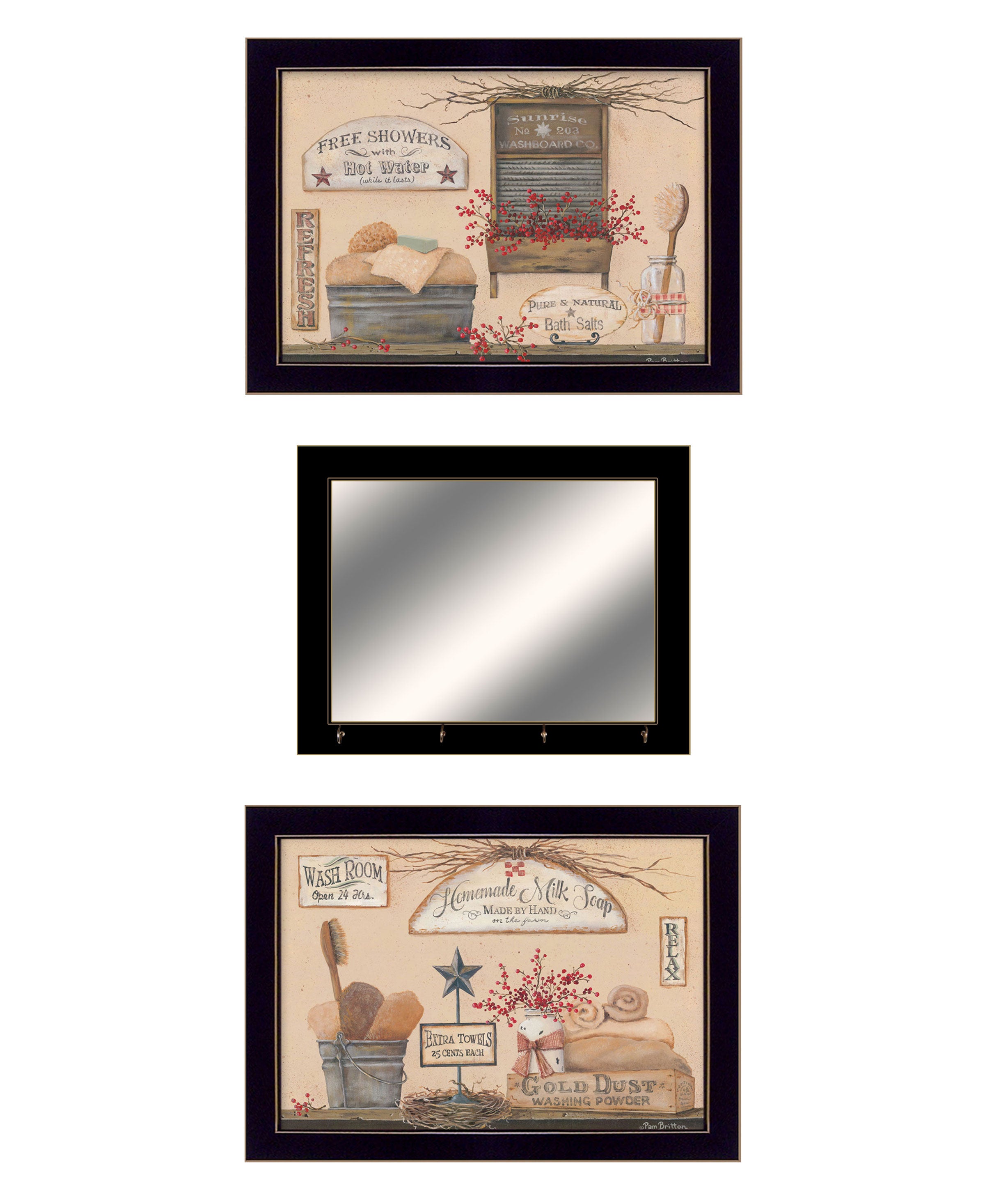 "Wash Room Collection" 3-Piece Vignette By Pam Britton, Ready to Hang Framed Print, Black Frame--1