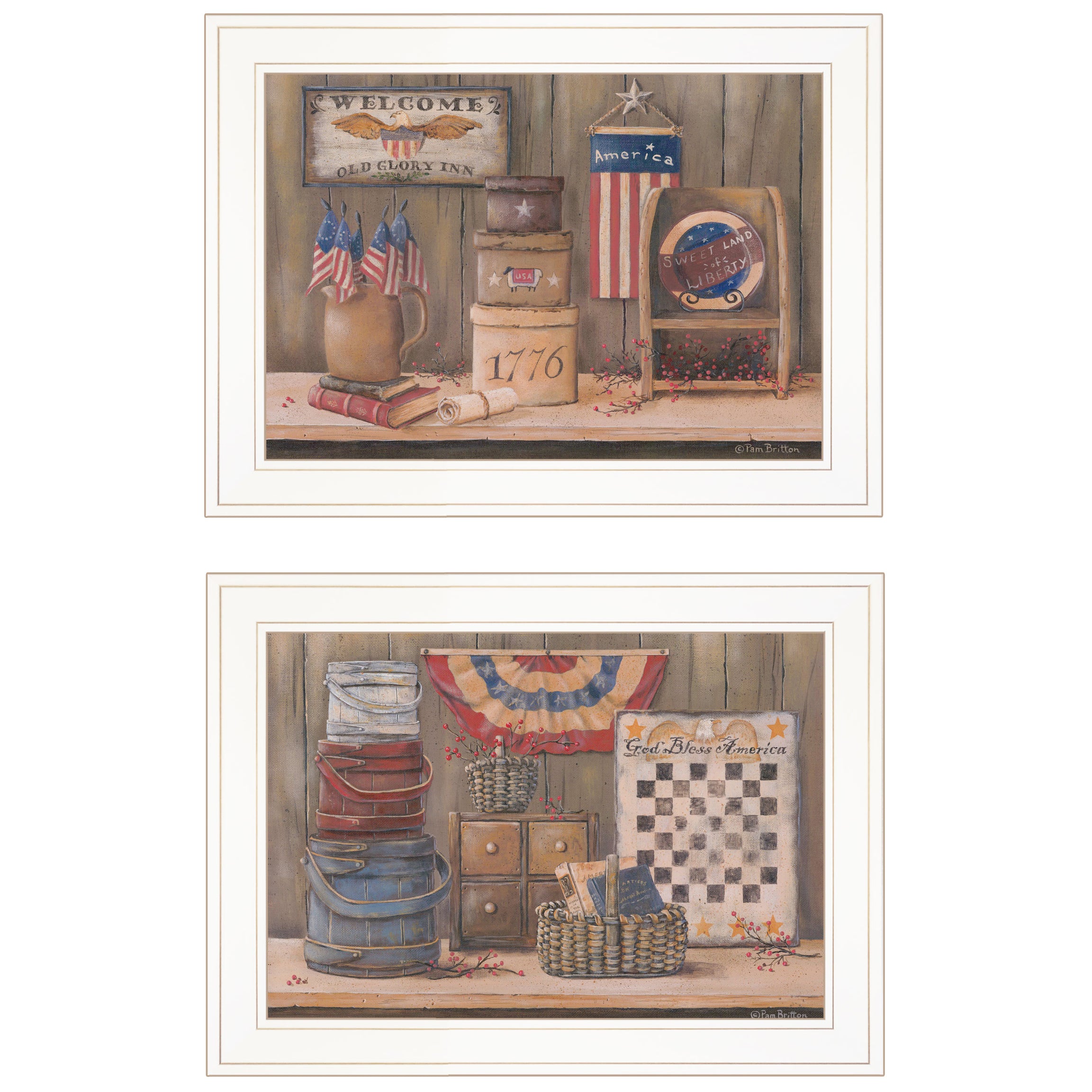 "Sweet Land of Liberty Collection" 2-Piece Vignette By Pam Britton, Ready to Hang Framed Print, White Frame--1