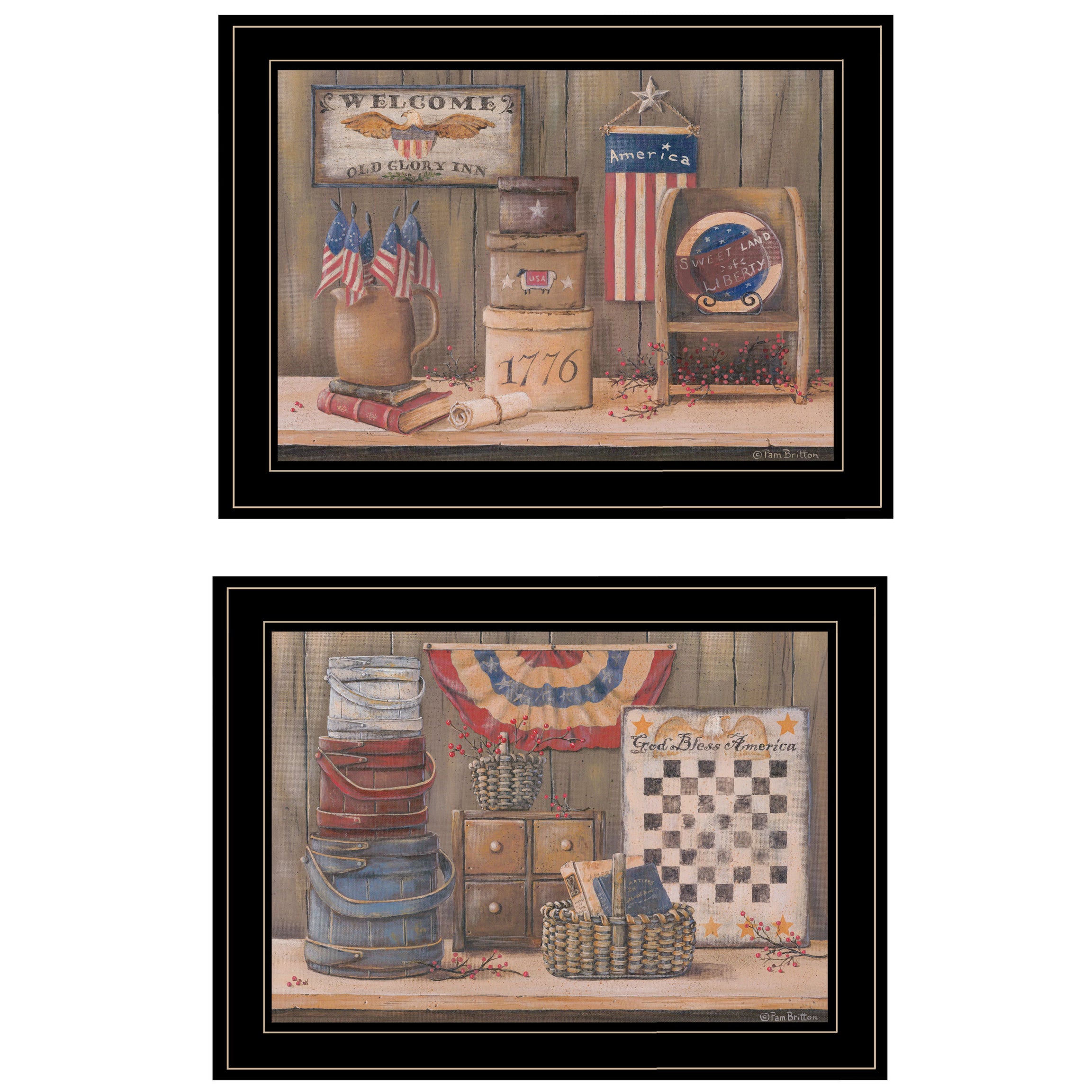 "Sweet Land of Liberty Collection" 2-Piece Vignette By Pam Britton, Ready to Hang Framed Print, Black Frame--1