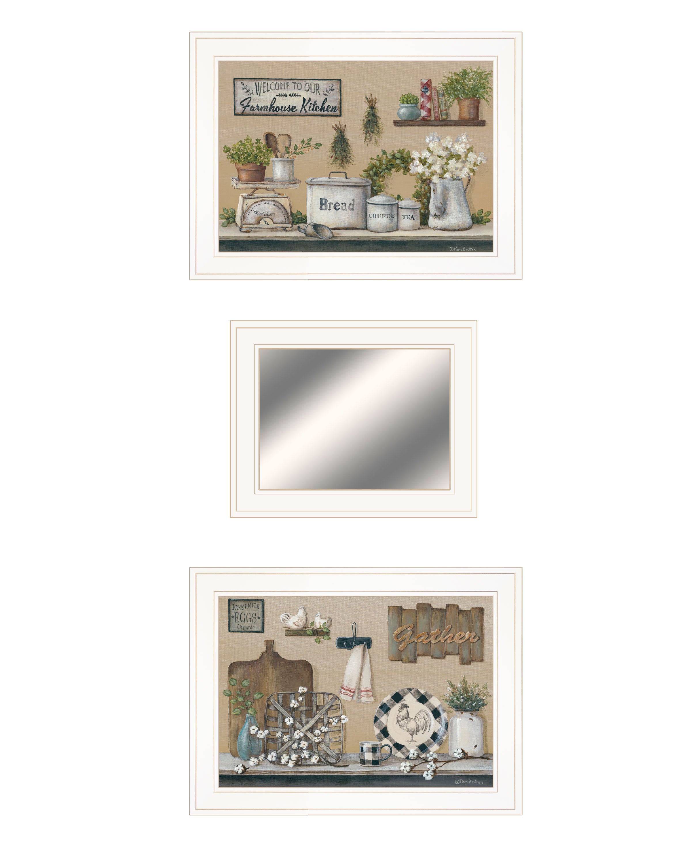 "Farmhouse Kitchen" 3-Piece Vignette By Pam Britton, Ready to Hang Framed Print, White Frame--1