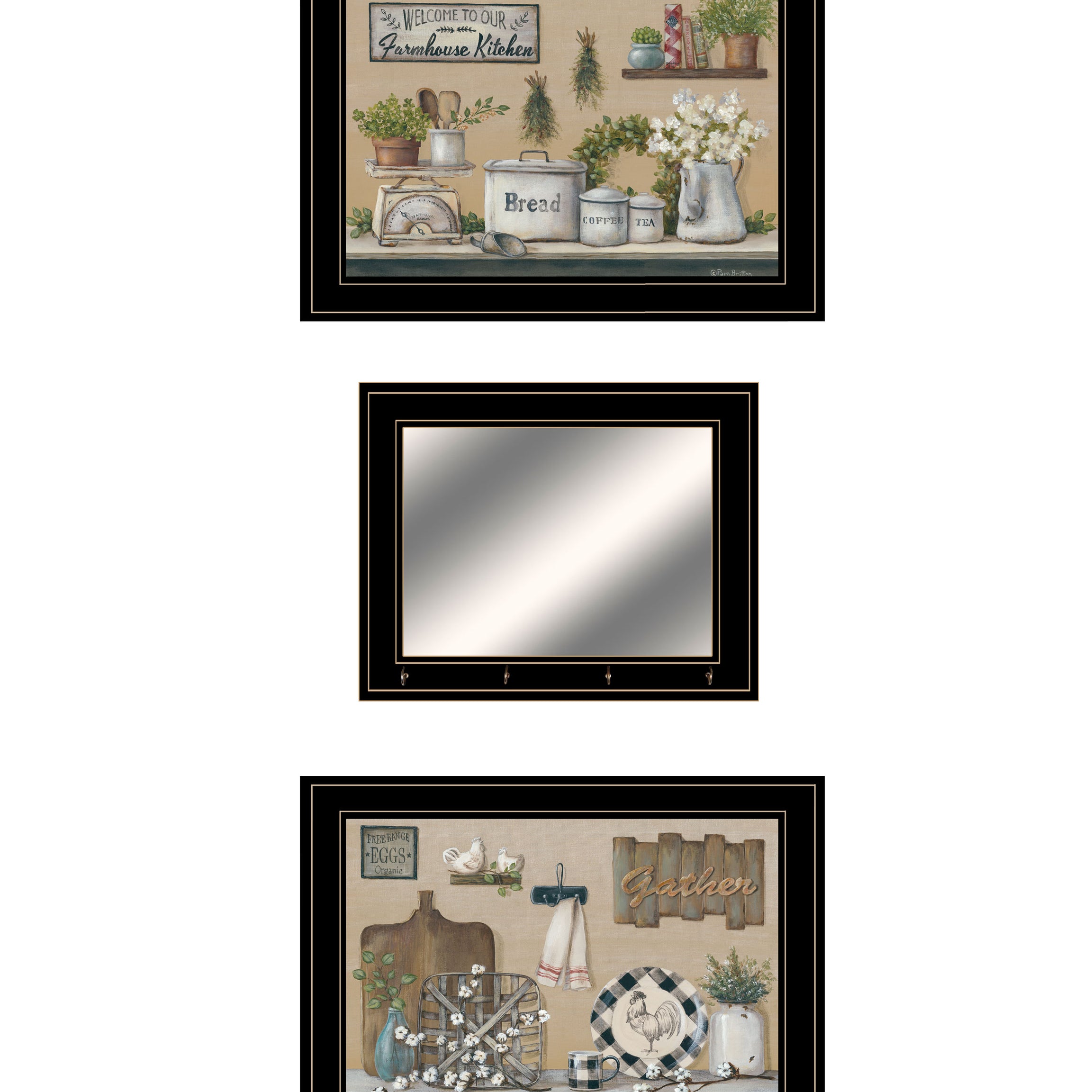 "Farmhouse Kitchen" 3-Piece Vignette By Pam Britton, Ready to Hang Framed Print, Black Frame--1