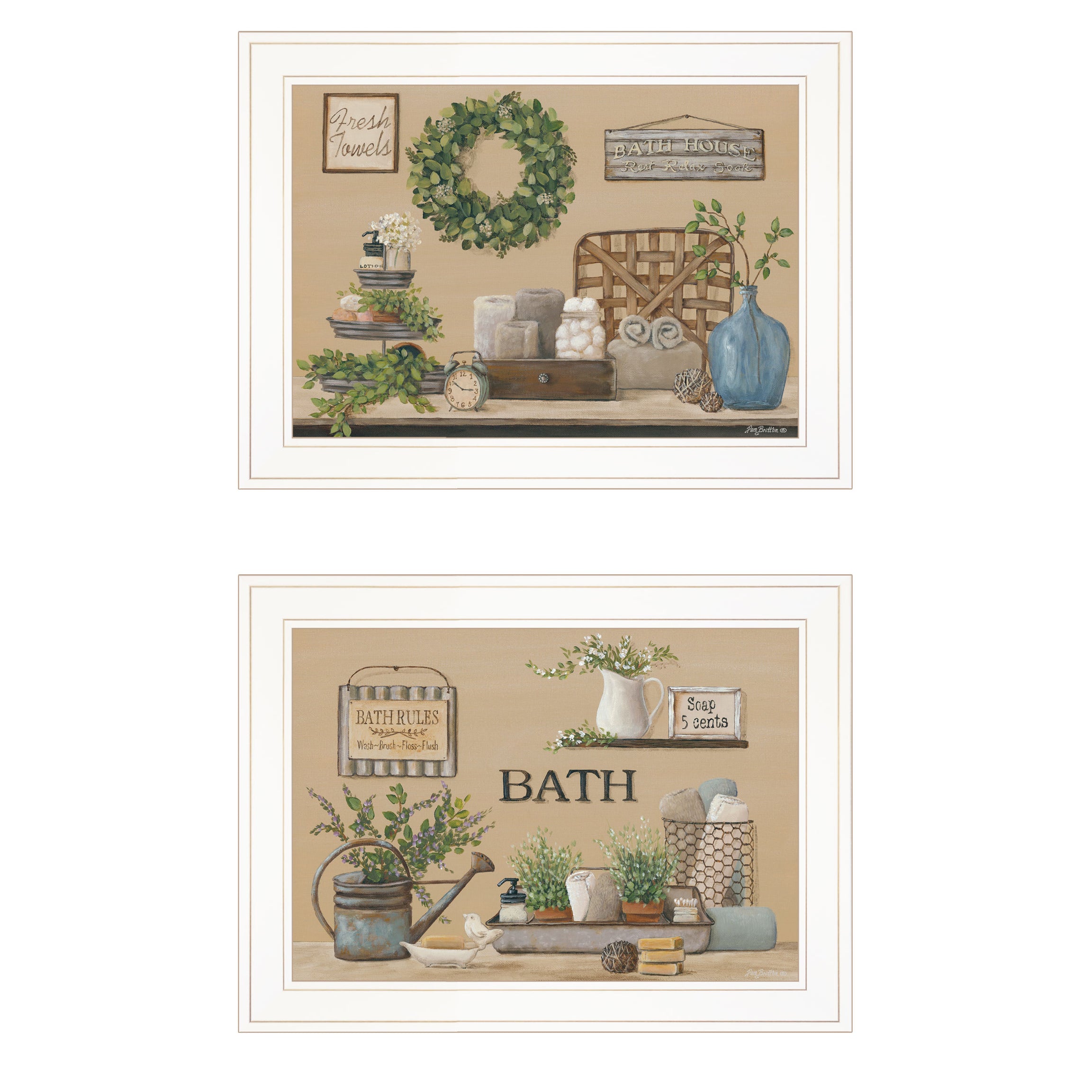 "Bath Time" 2-Piece Vignette By Pam Britton, Ready to Hang Framed Print, White Frame--1