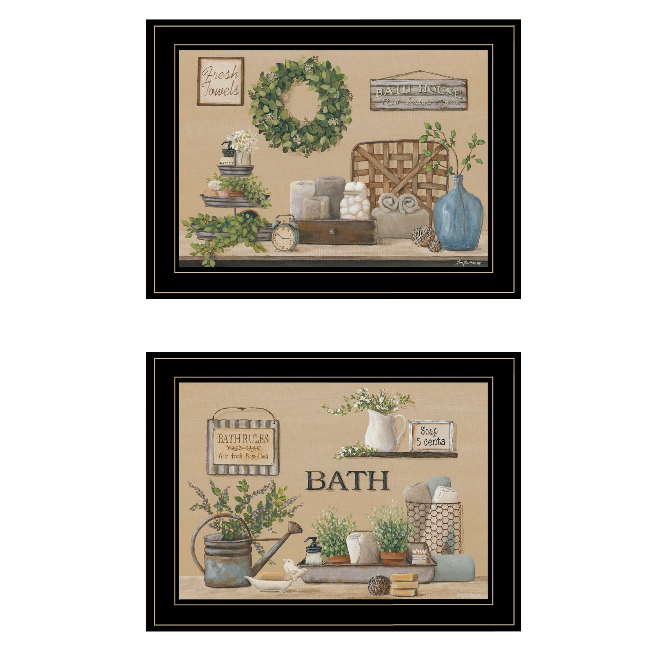 "Bath Time" 2-Piece Vignette By Pam Britton, Ready to Hang Framed Print, Black Frame--1