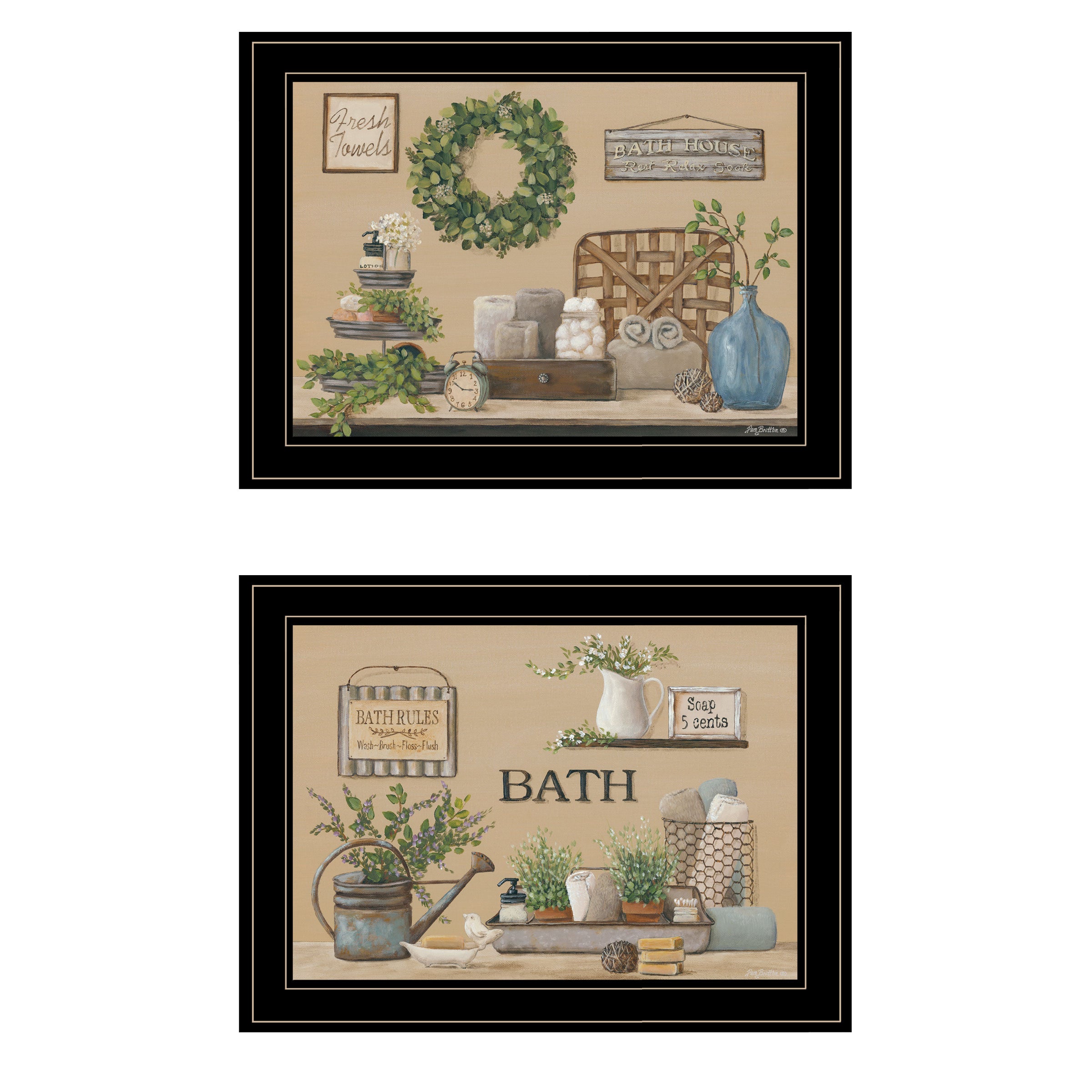 "Bath Time" 2-Piece Vignette By Pam Britton, Ready to Hang Framed Print, Black Frame--1