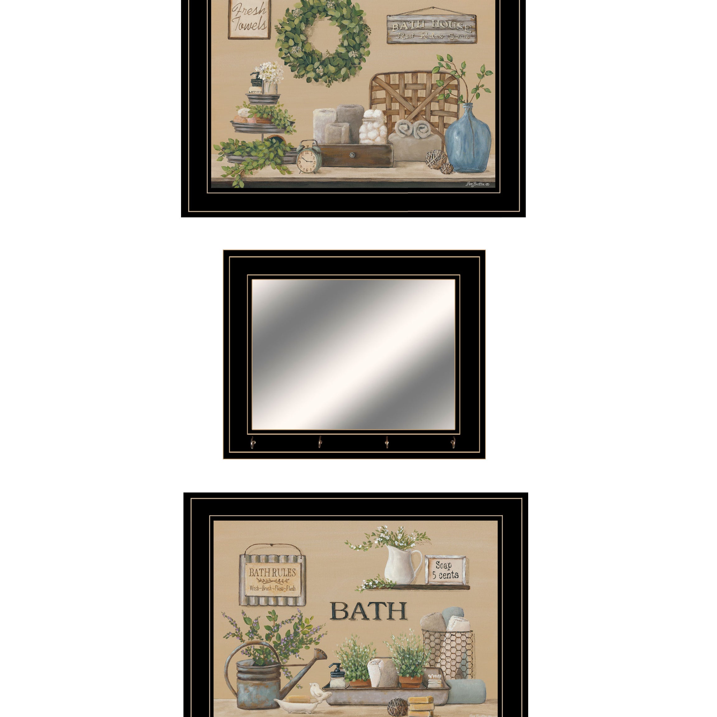 "Bath Time" 3-Piece Vignette By Pam Britton, Ready to Hang Framed Print, Black Frame--1