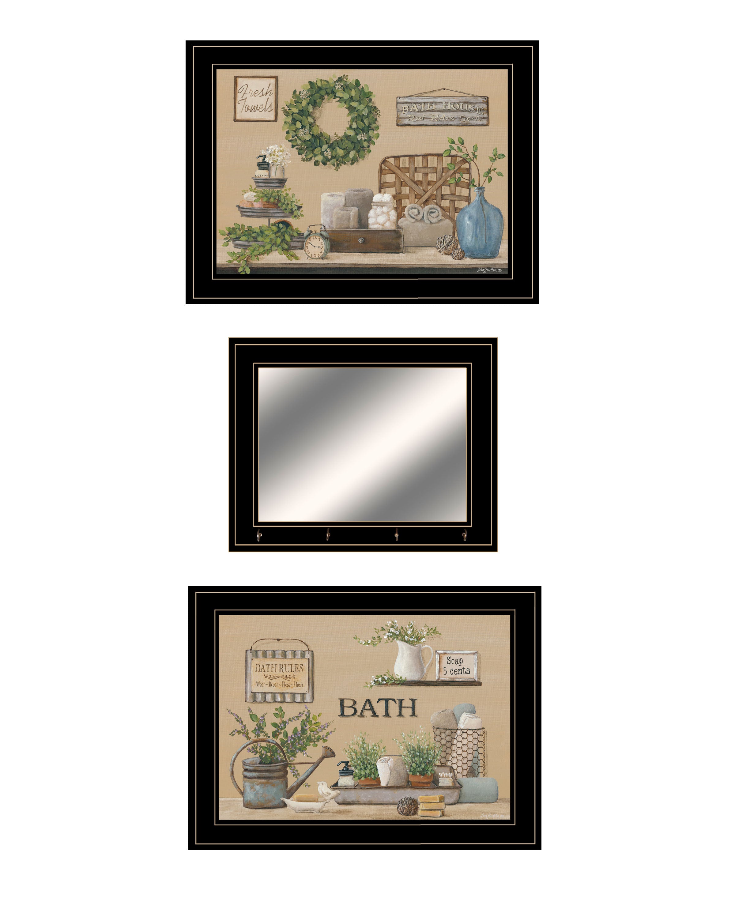 "Bath Time" 3-Piece Vignette By Pam Britton, Ready to Hang Framed Print, Black Frame--1