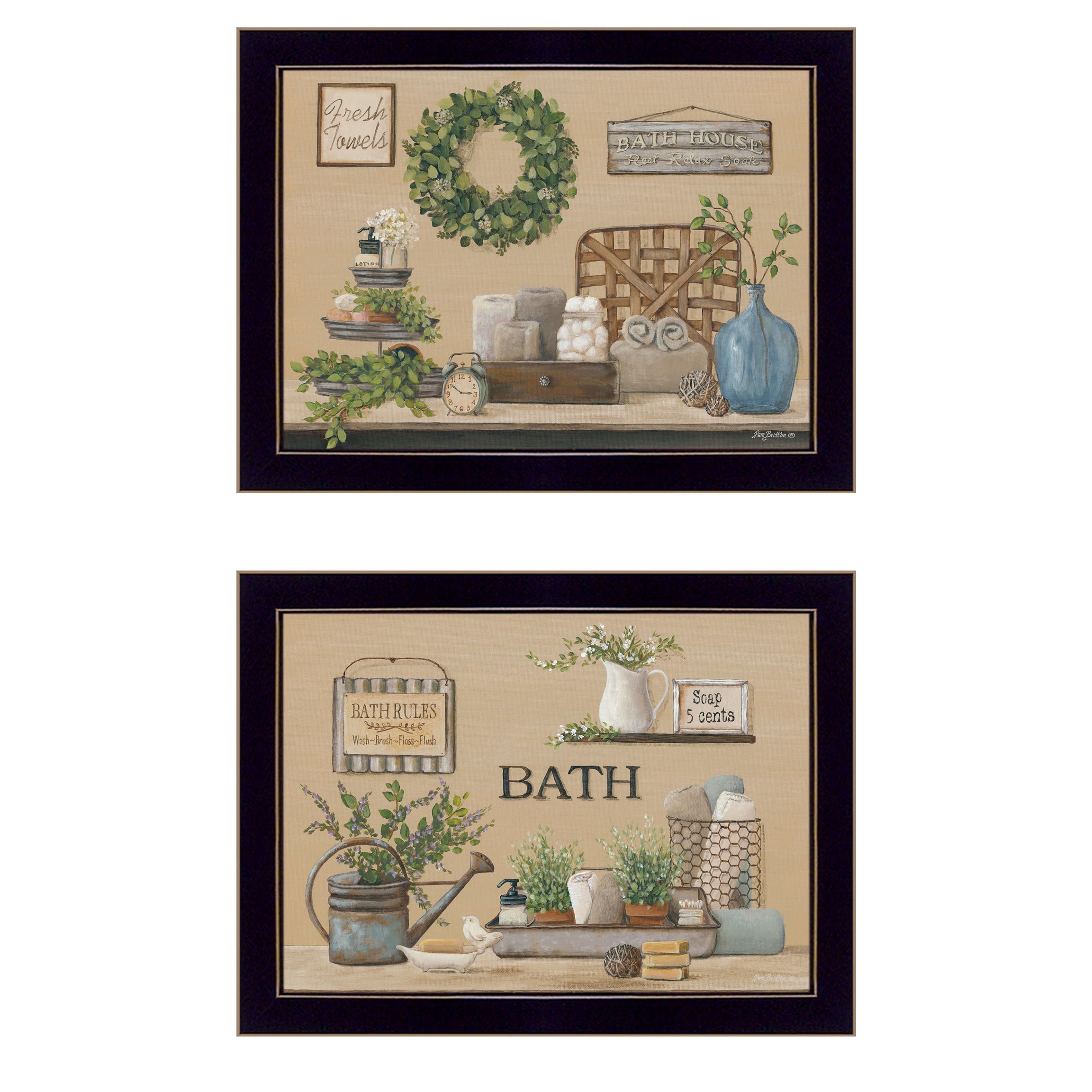 "Bath Time" 2-Piece Vignette By Pam Britton, Ready to Hang Framed Print, Black Frame--1