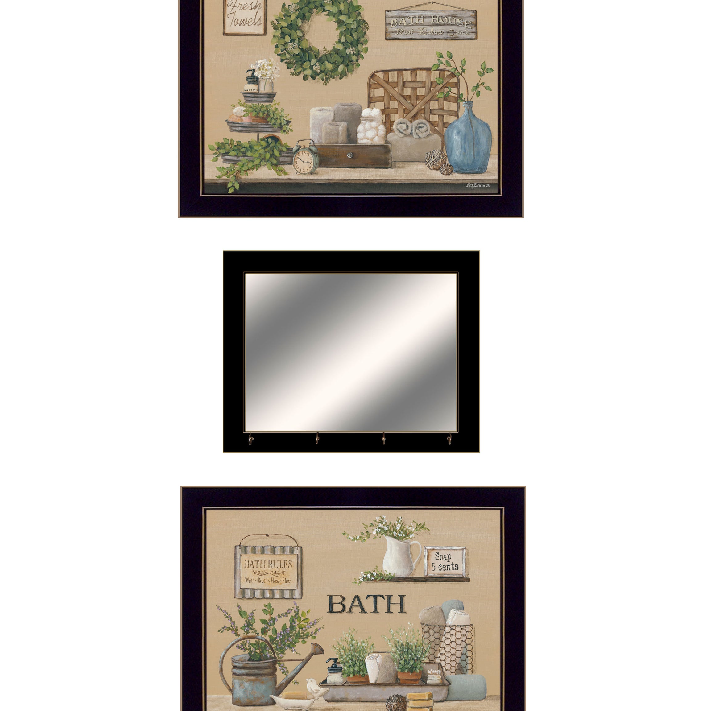 "Bath Time" 3-Piece Vignette By Pam Britton, Ready to Hang Framed Print, Black Frame--1