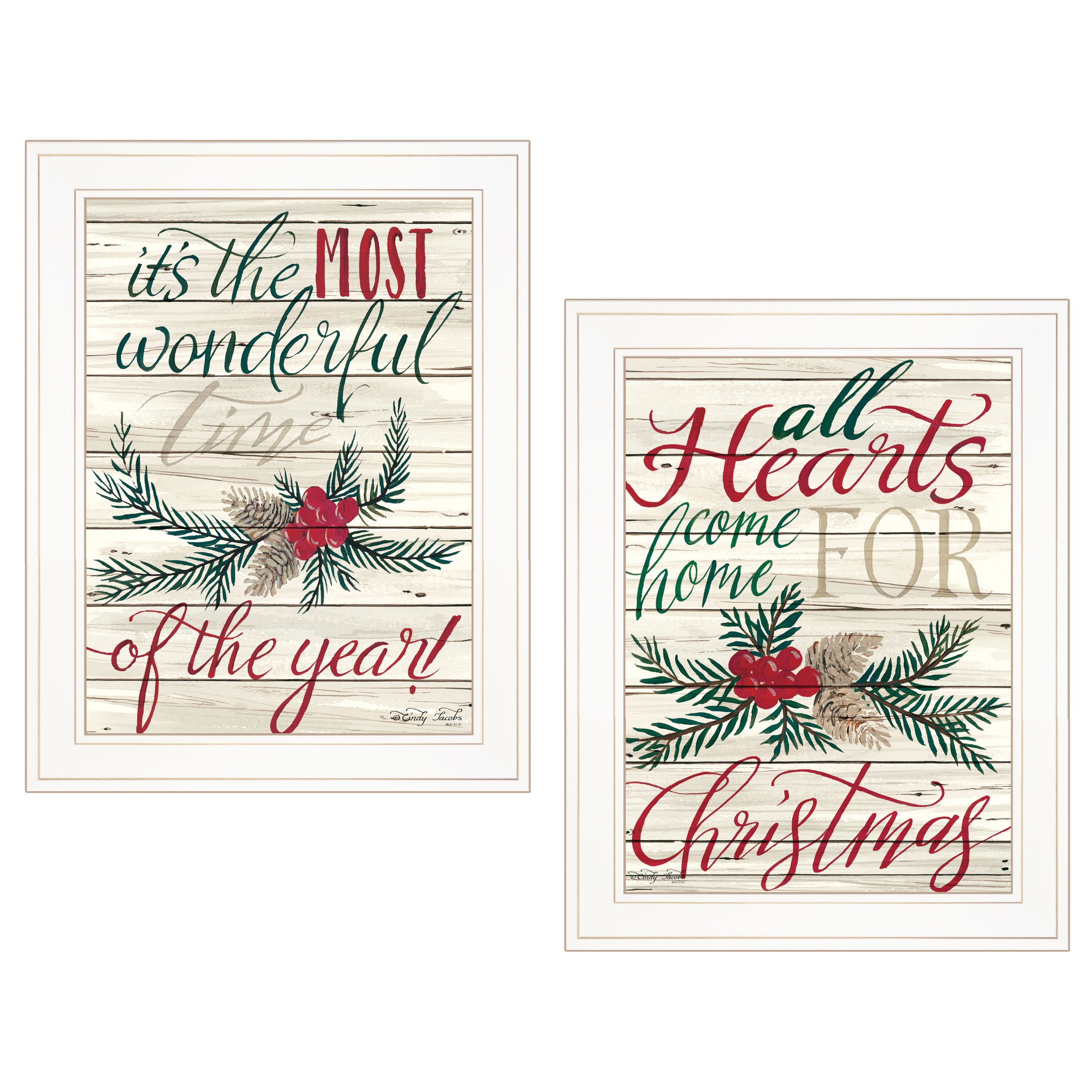 "All Hearts Come Home for Christmas" 2-Piece Vignette by Artisan Cindy Jacobs, Ready to Hang Framed Print, White Frame--1