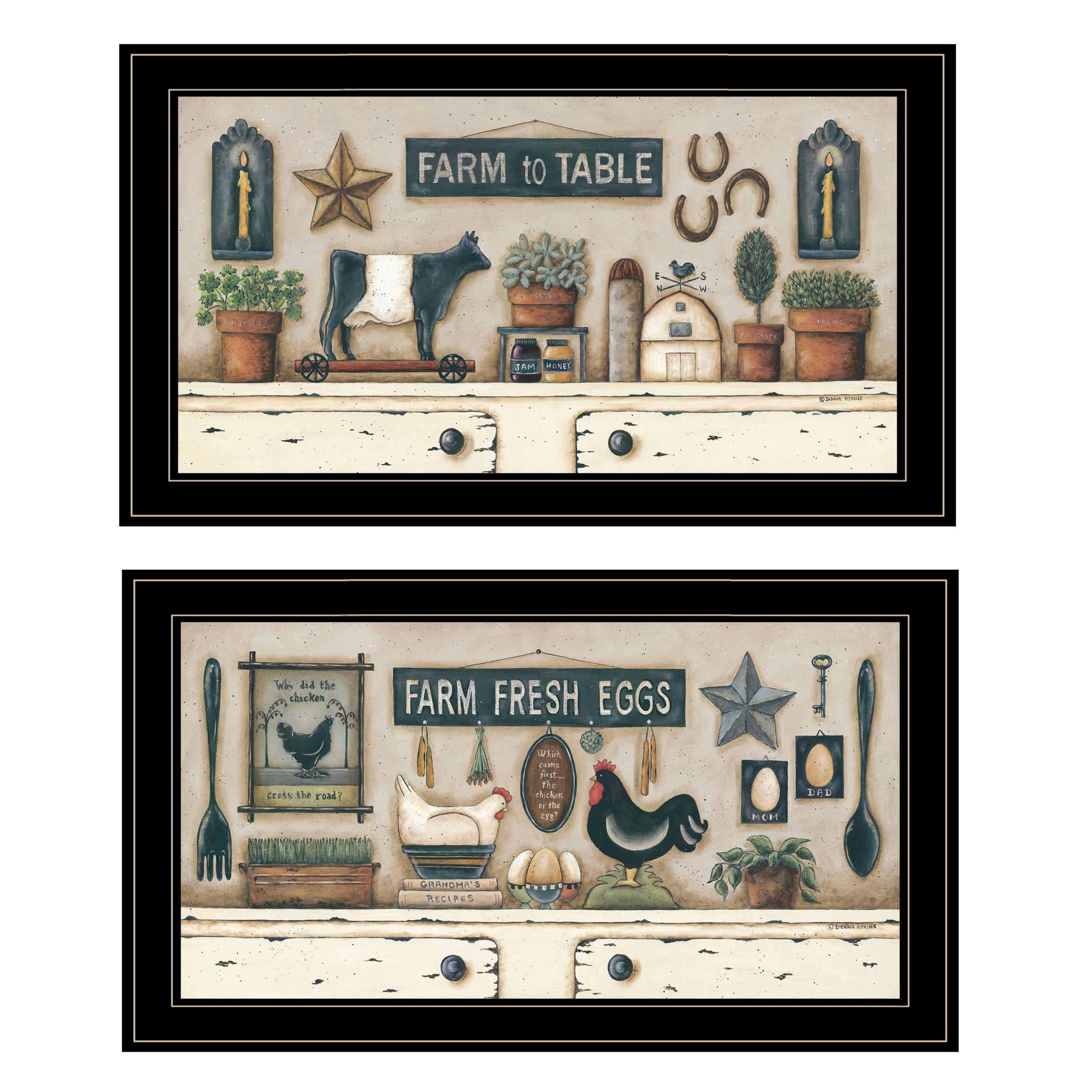 "Farm Fresh" 2-Piece Vignette by Artisan Donna Atkins, Ready to Hang Framed Print, Black Frame--1