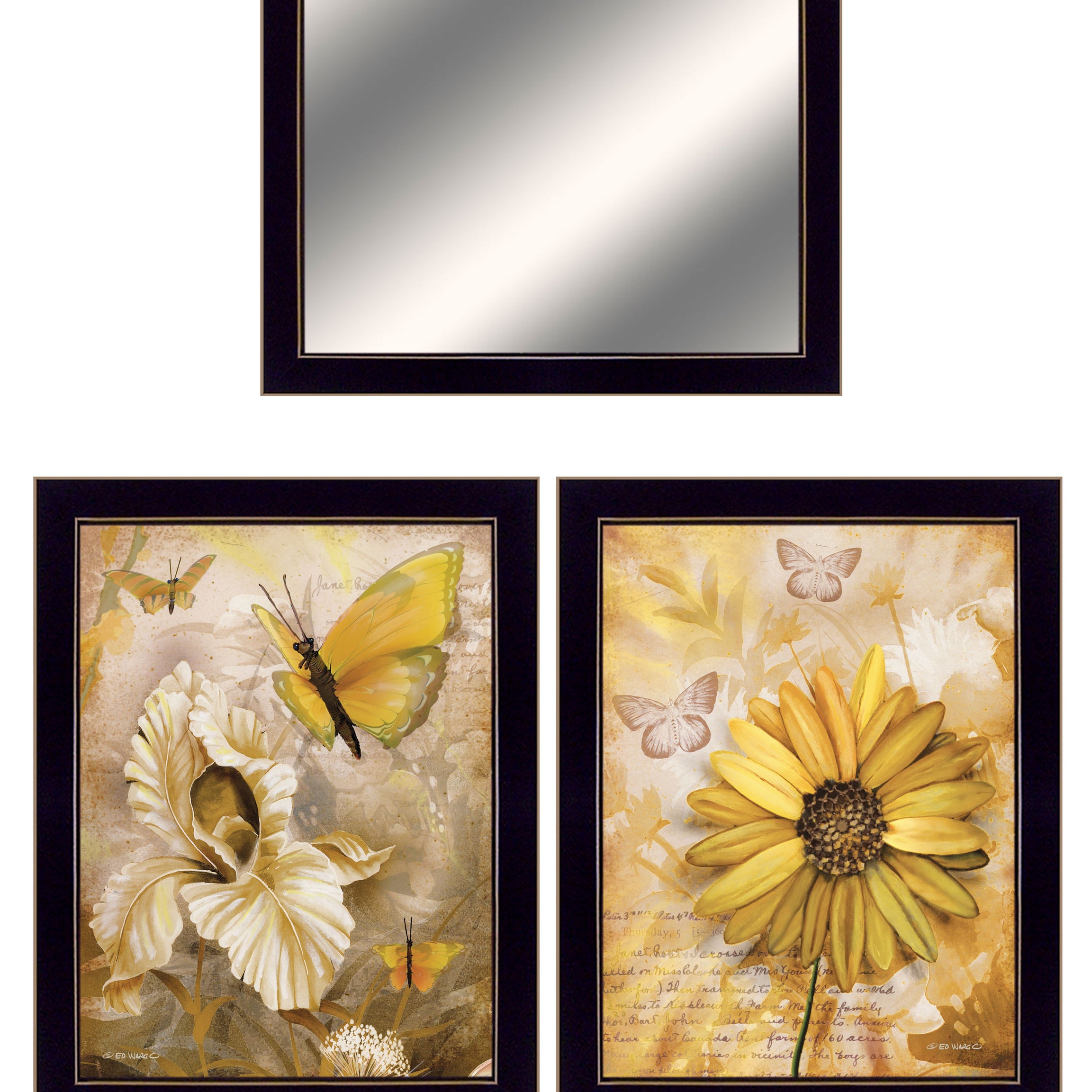 "Butterflies" 3-Piece Vignette By Ed Wargo, Ready to Hang Framed Print, Black Frame--1