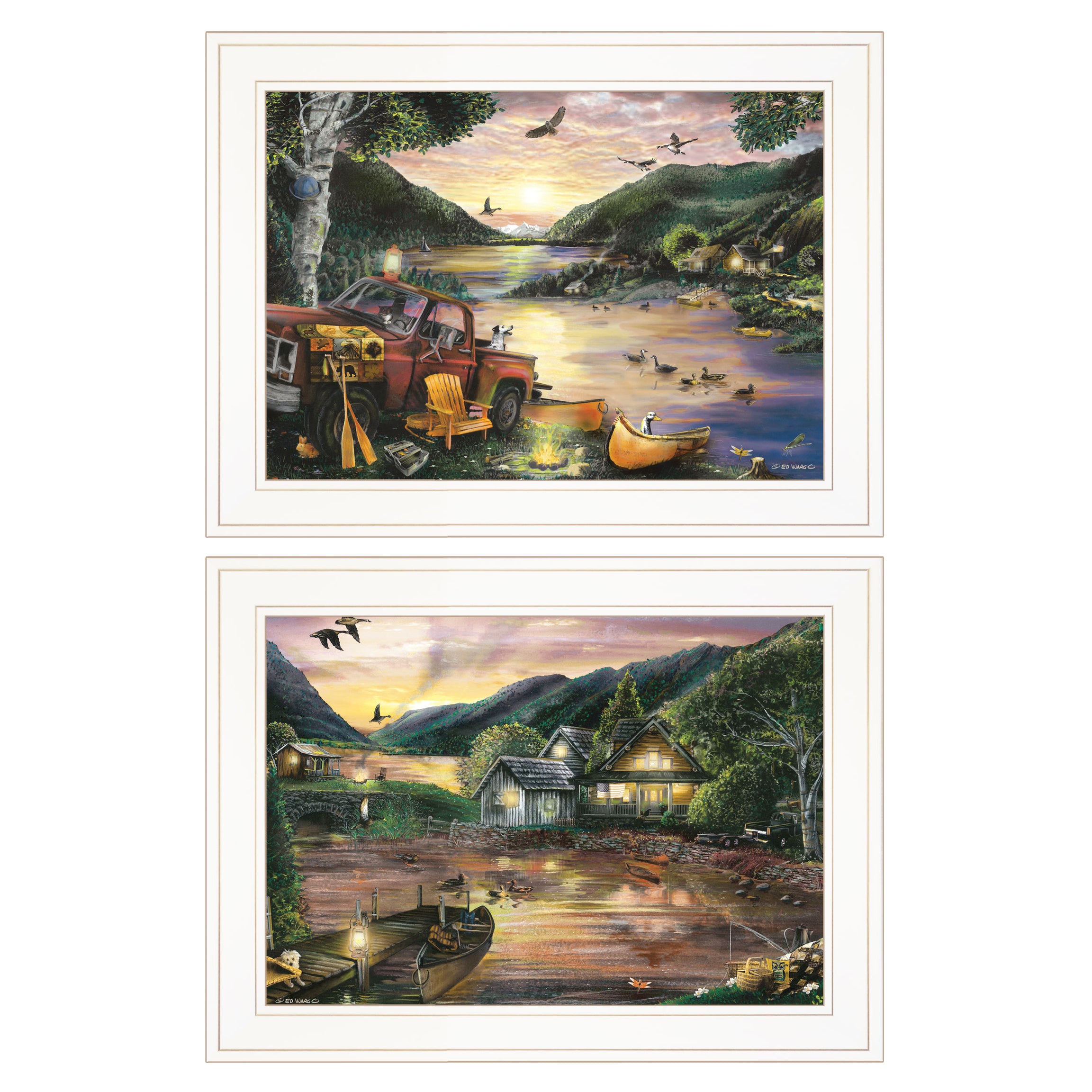 "Lakefront Camping" 2-Piece Vignette By Ed Wargo, Ready to Hang Framed Print, White Frame--1