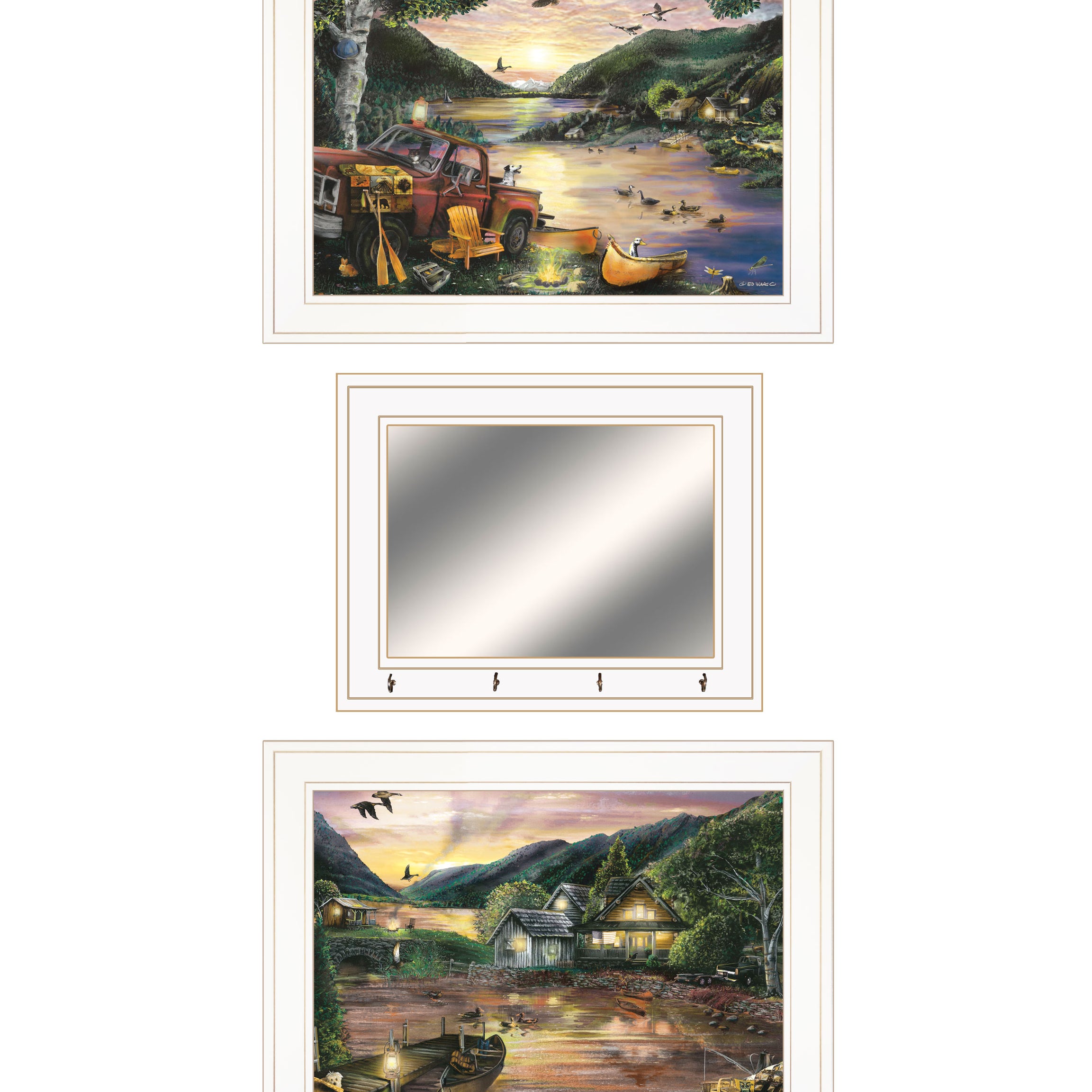 "Lakefront Camping" 3-Piece Vignette By Ed Wargo, Ready to Hang Framed Print, White Frame--1