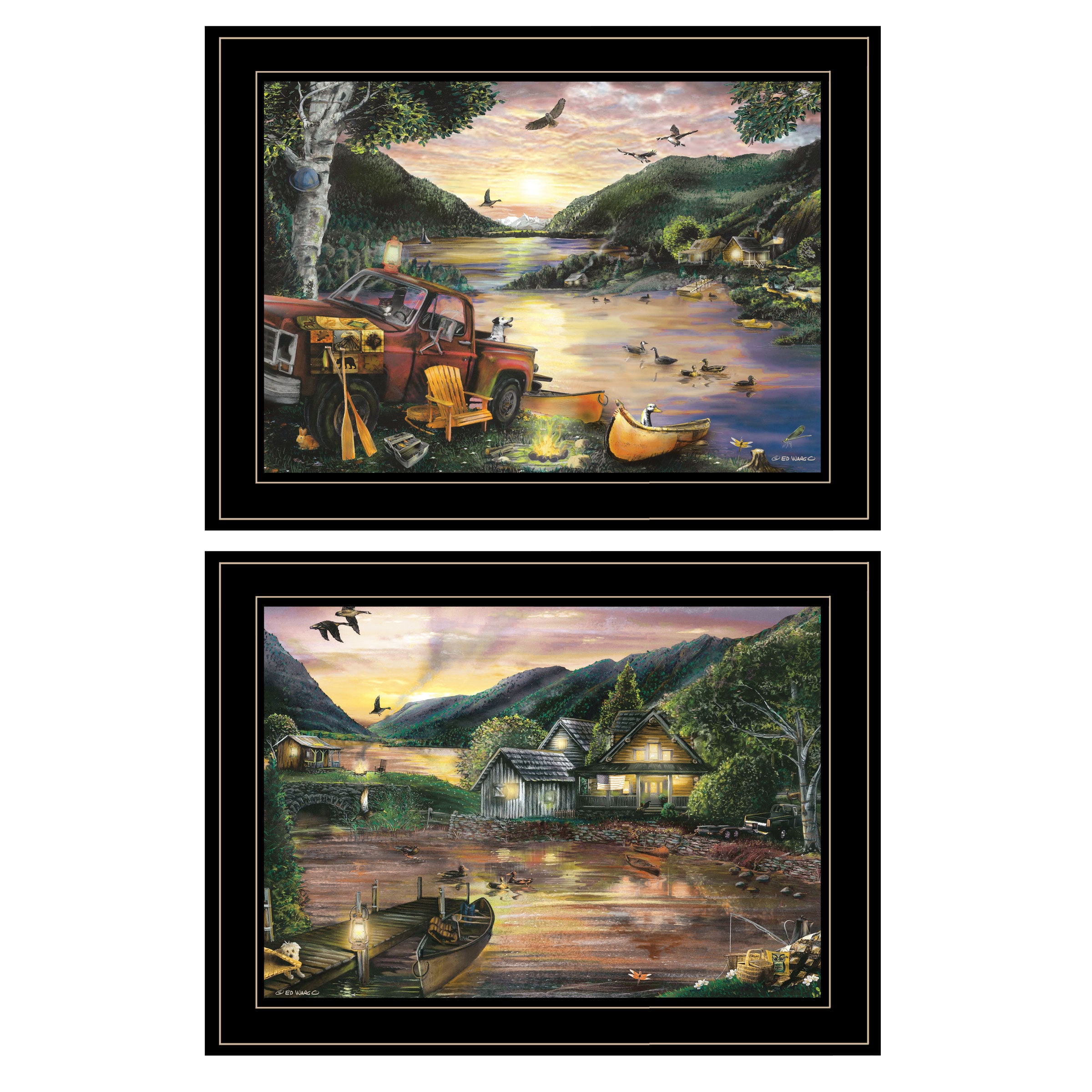 "Lakefront Camping" 2-Piece Vignette By Ed Wargo, Ready to Hang Framed Print, Black Frame--1